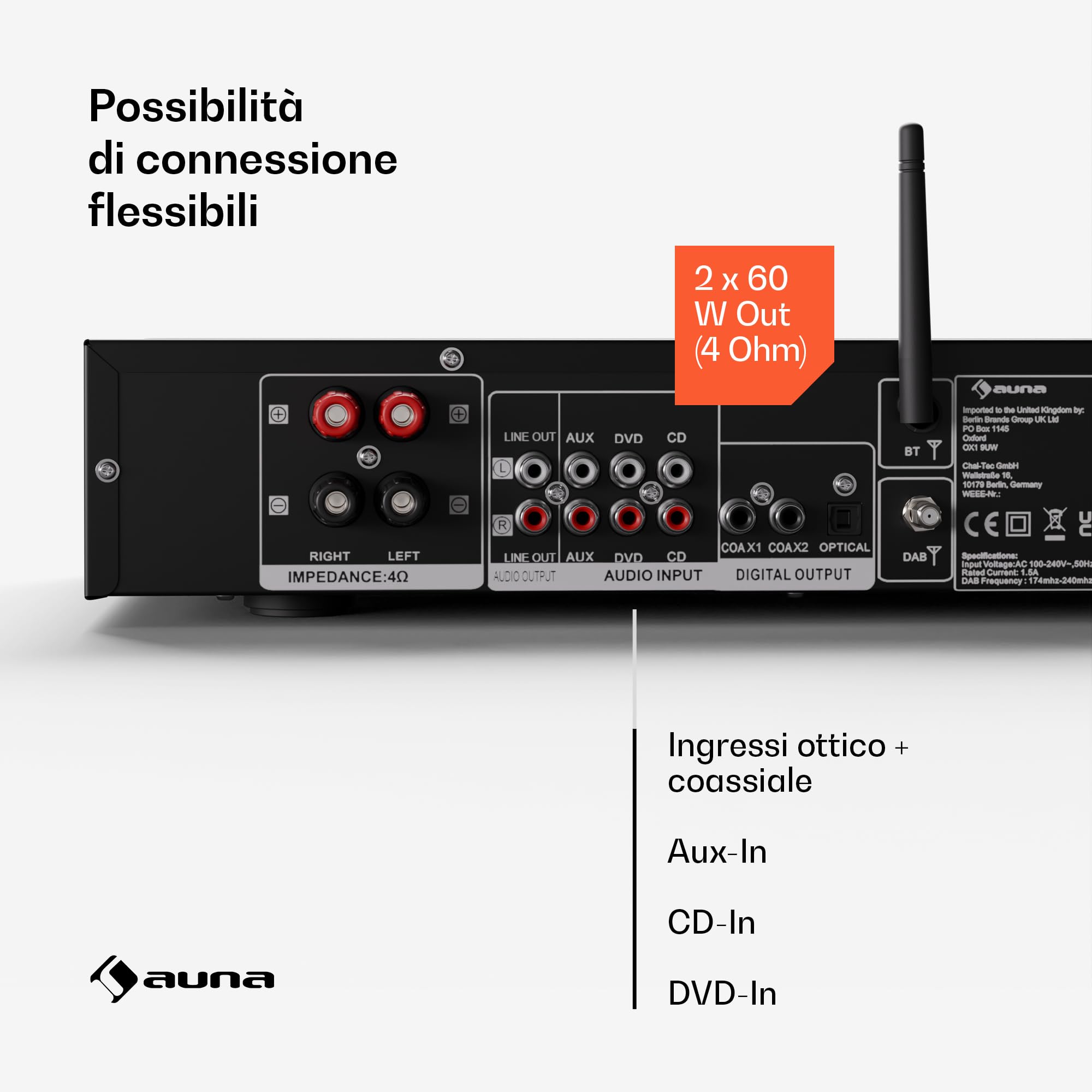 Auna Art22 - Amplificatore HiFi Bluetooth & Radio DAB+, 2x60W, Stereo, Ingressi Ottici & Coassiali, FM, CD/DVD, Telecomando, Design Compatto, Bianco-Argento