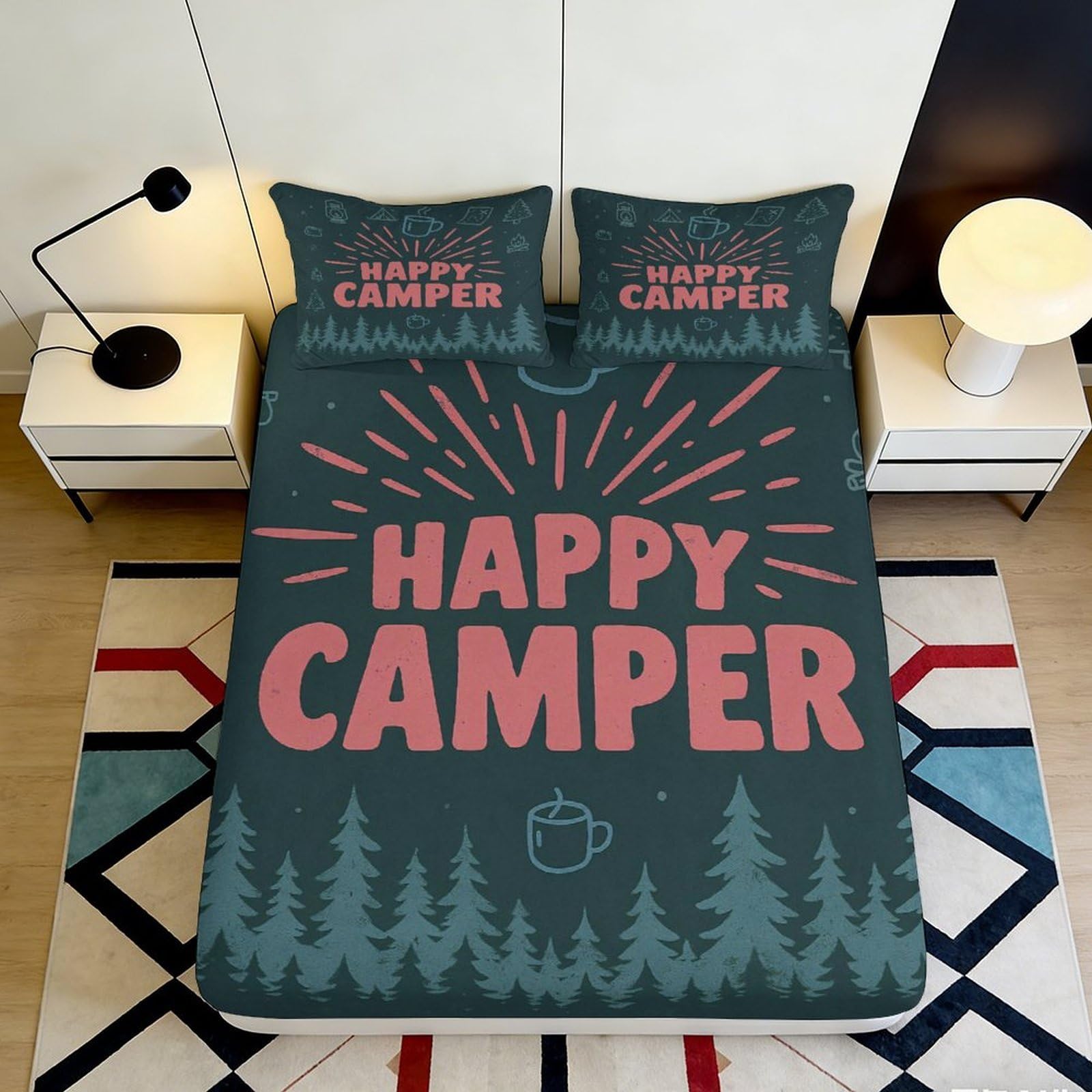 3D Printed Happy Camper Fitted Sheet Microfiber Soft Breathable Forest Design Bed Cover for Bedroom Dormitory Guest Room Mattress Protection 120x200x25cm