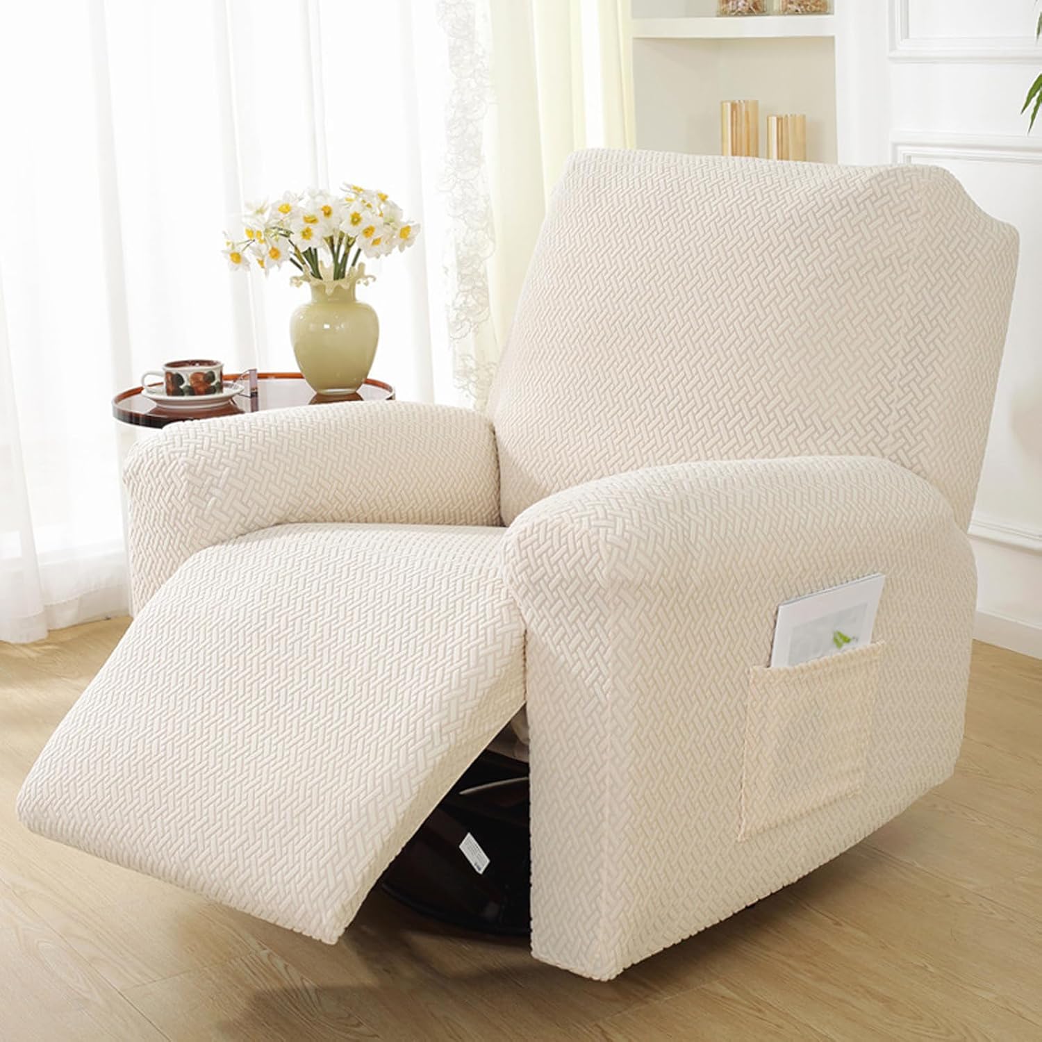 Recliner Chair Cover, Solid Colours Couch Sofa Slipcover with Pockets, Soft All-Inclusive Form Fit Stretch Furniture Protector for Recliner (Beige Stripe,One Size)