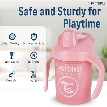 Twistshake Non-Spill Mini Baby Sippy Cup with Soft Spout and Fruit Mixer - 230ml | Leak Proof Baby Weaning Cup | Easy-Grip Toddler Cups | BPA-Free Sippy Cups for Toddlers | Pastel Pink- 1 Count