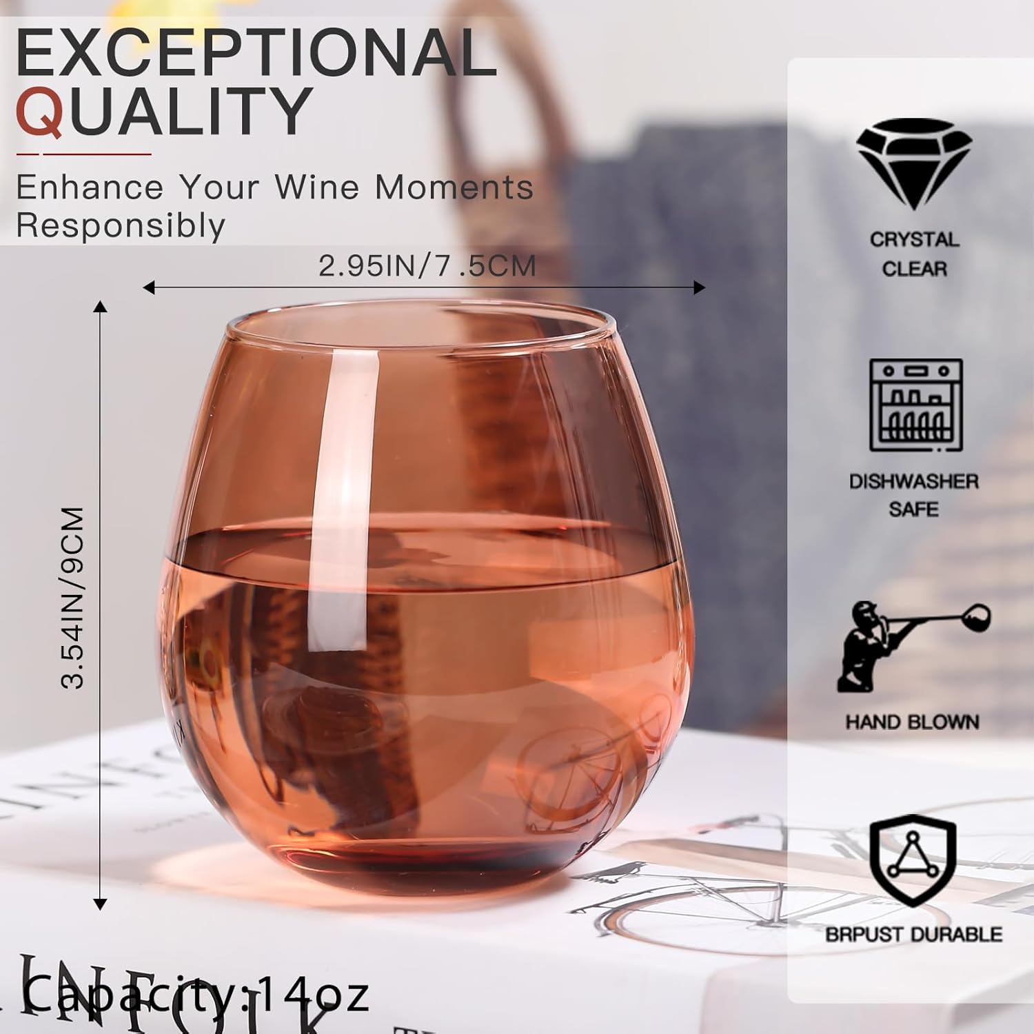 Venus Stemless Wine Glasses Set of 6-15 oz -Modern Hand-Blown Wine Glasses, European Design Crystal Glass For Red & White Wine, Unique Gifts for Wedding, Birthday (Venus)