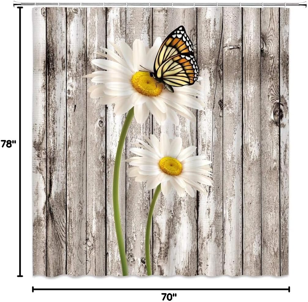 Rustic Daisy Shower Curtain Farmhouse White Daisy Flower Butterfly Vinatage Wooden Barn Door Farm Spring Flower Nature Botanical Retro Countryside Bathroom Decor Fabric Curtain with Hooks