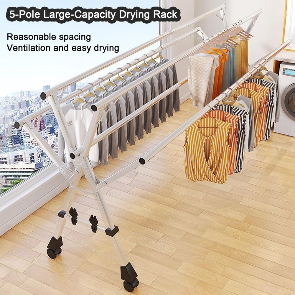 Foldable Retractable Laundry Hanger Dryer Rack - Adjustable 63/79/95 Inches Stainless Steel Clothing Racks on Wheels for Indoor/Outdoor Drying - Sturdy & Space-Saving Clothes Drying Solution