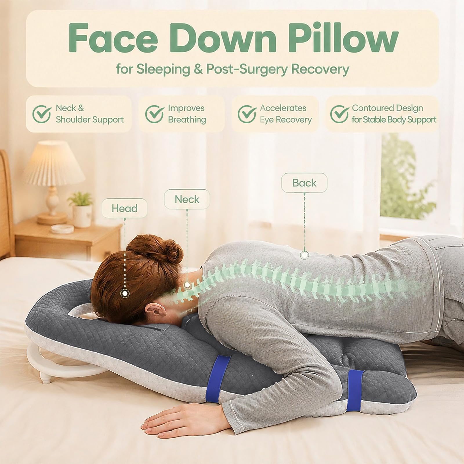 Almohada para dormir boca abajo con orificio para la cabeza, almohada de recuperación facial para retina y cirugía de ojos, almohada con abertura para respirar, franela suave y relleno de