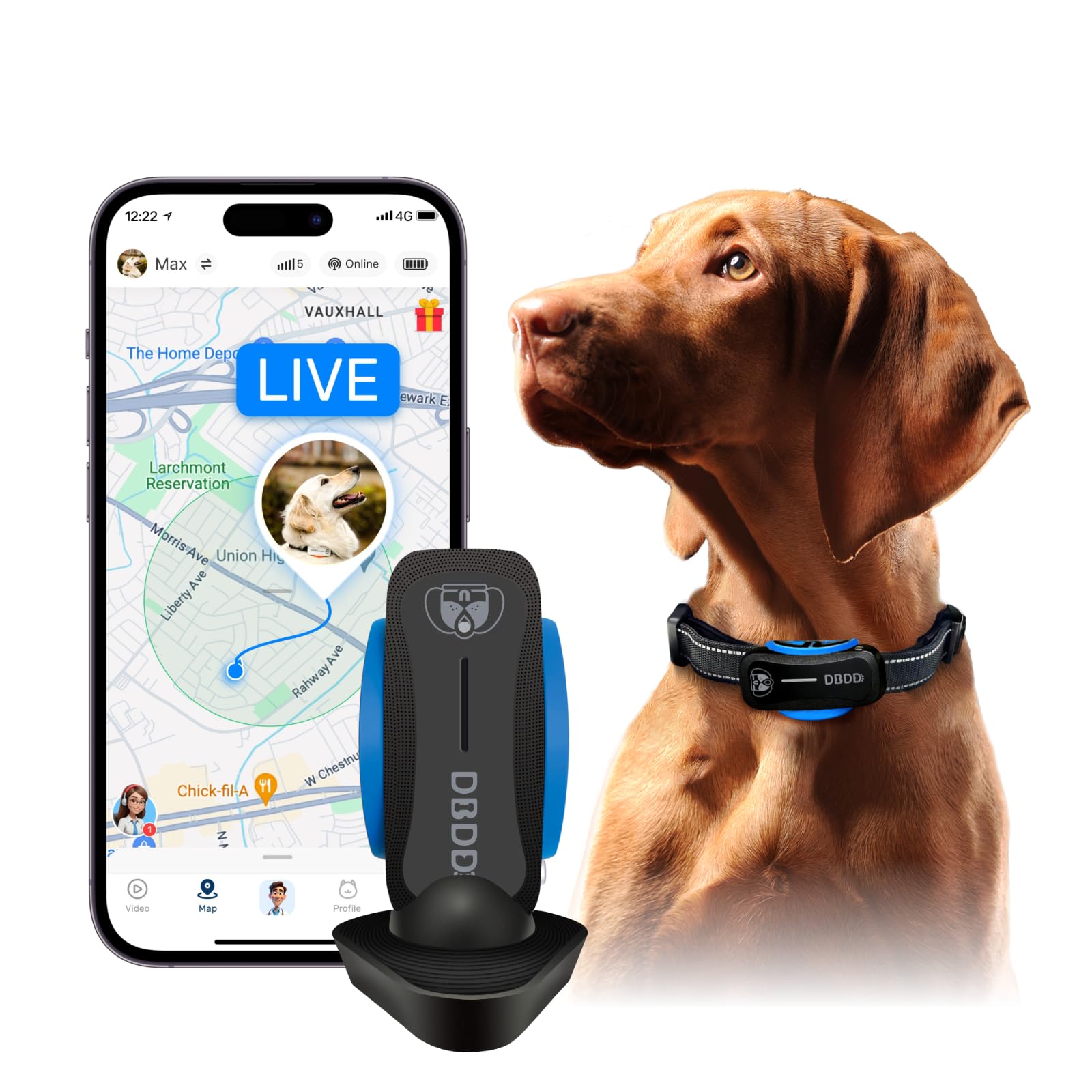Dog GPS Tracker, Smart Waterproof Tracker with Real-Time Location, Escape Alerts, Activity Monitor, iOS & Android Compatible, for Dogs 40 lbs+ (Black)