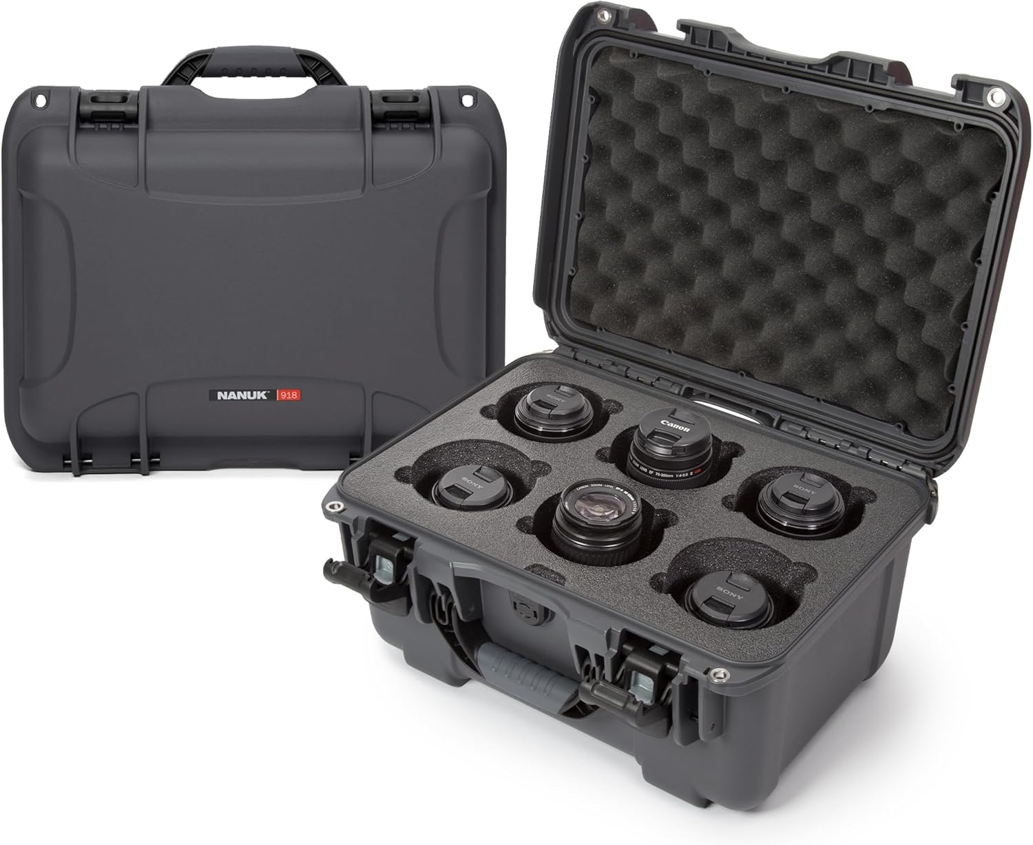 NANUK 918 Waterproof Camera Lens Case with Custom Foam Insert for 6 Lenses, Camera Lens Storage, IP67 Waterproof & Crushproof, Made in Canada (16.9” x 12.9” x 9.3”) – Graphite