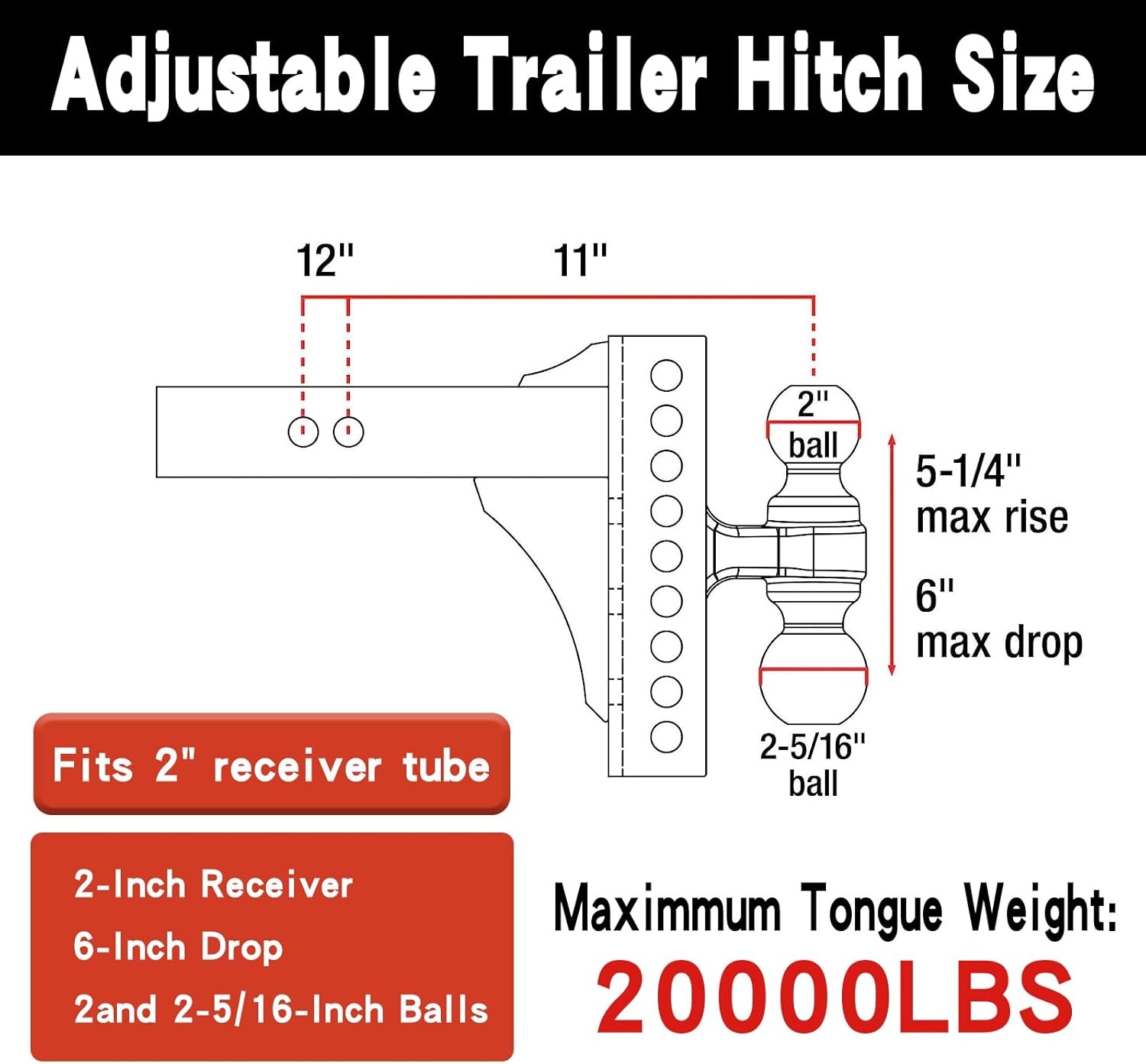 45900 Adjustable Trailer Hitch Ball Mount 2-Inch Receiver 6-Inch Drop 2 and 2-5/16-Inch Balls 20000 lbs Black