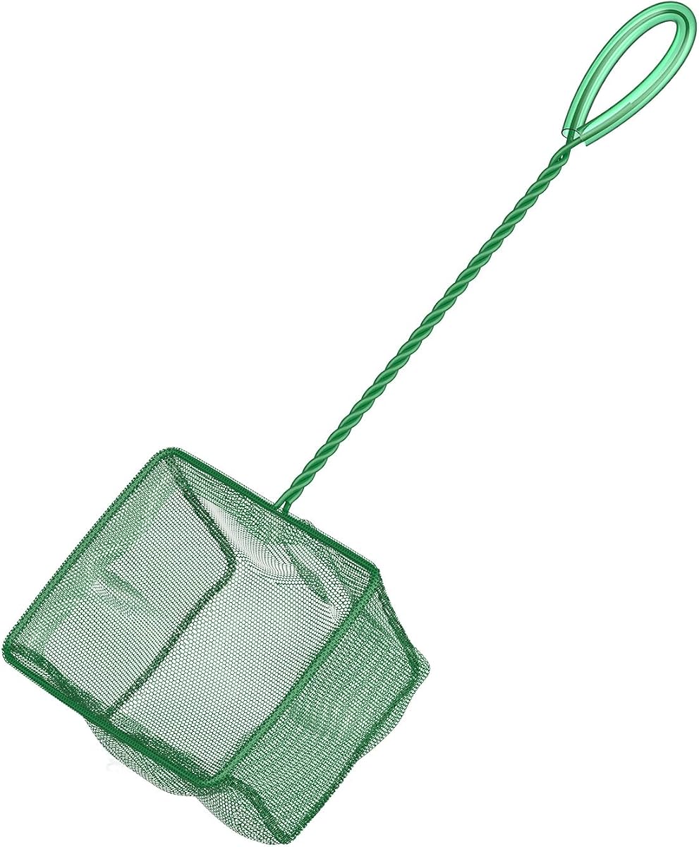 Pawfly Red de pesca para acuario con mango de metal trenzado, red cuadrada con malla fina suave, lodos, residuos de alimentos, red de limpieza para peceras, pequeños estanques y piscinas Koi