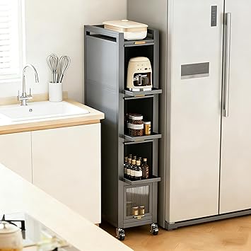 Rolling Spice Rack Next to Fridge Slim, Freestanding Narrow Tall Sideboard Shelf, with Transparent Flap Door Design, Pull Out Cabinet Organizer for Small Space Kitchen Space Saving (Grey, 5T-16cm)