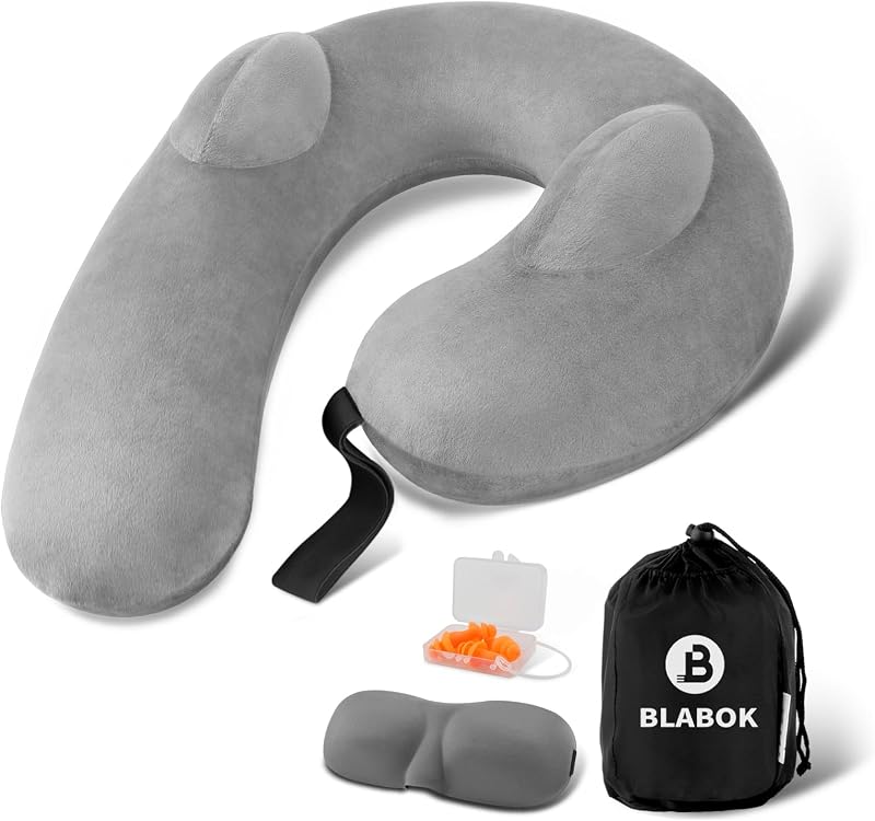 Patented Design Inflatable Travel Neck Pillow – Airplane Neck Pillow with 360° Head & Neck Support, Soft Washable Velvet Cover, Compact Neck Support Pillow for Airplane,Train,Car,Office & Home (Grey)