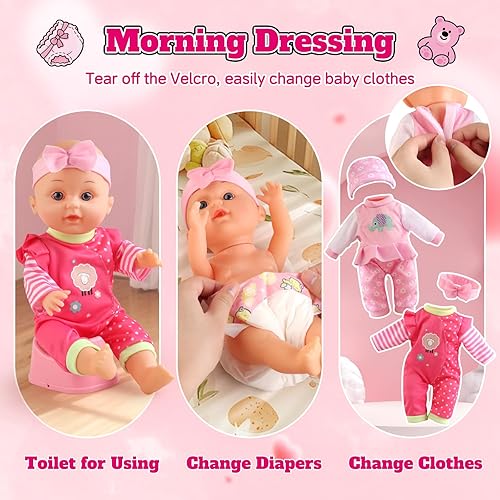 Miniatura 4 de Juego de cochecito de muñeca de bebé, una muñeca de bebé de 12.5 pulgadas con accesorios para muñecas y 2 juegos de ropa, cochecito de muñeca para