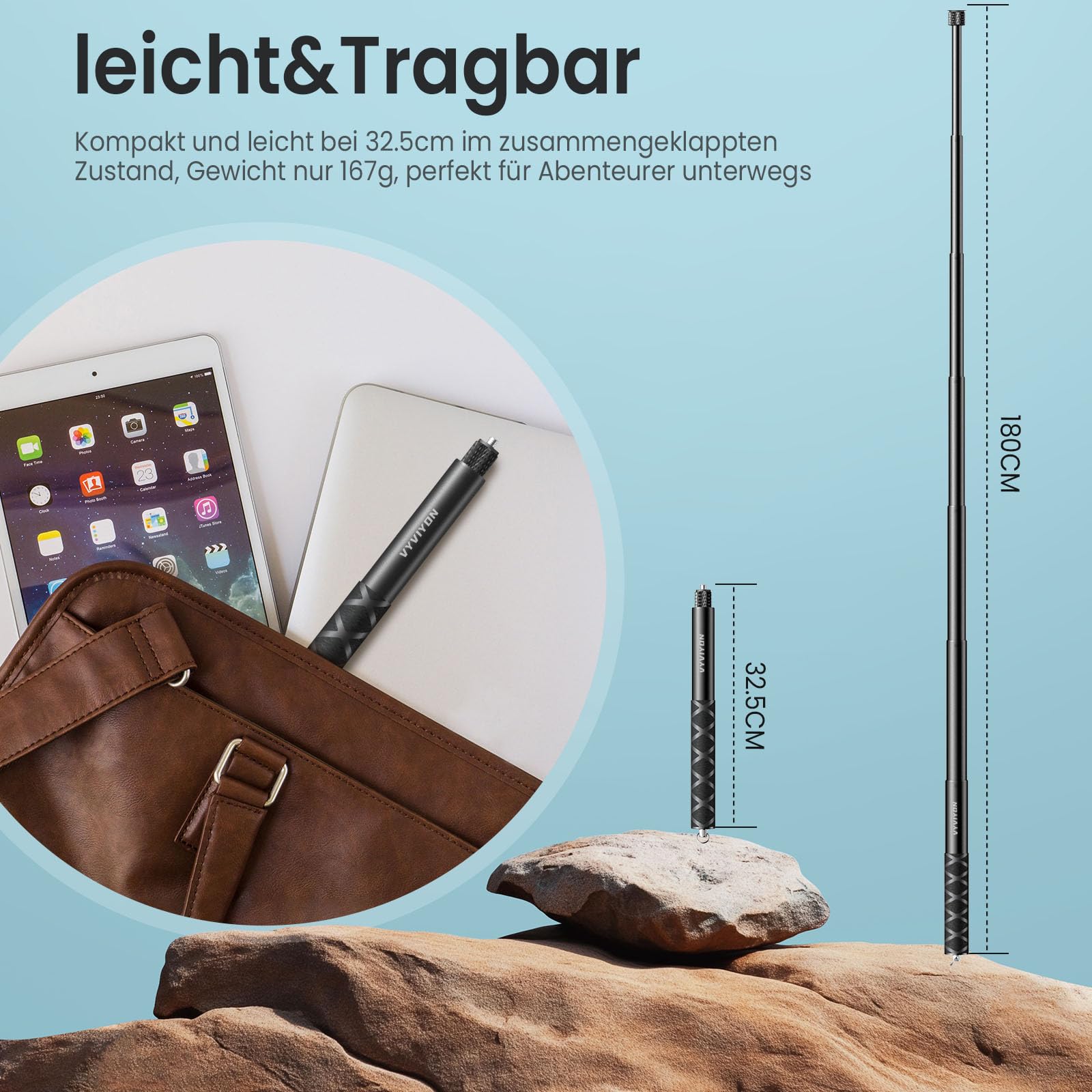 1.8M Super Langer unsichtbarer Selfie-Stick, 7-Stange Action-Kamera-Stick für Insta360X5,1/4" Extendable Handheld Pole Stick Monopod mit Gopro-Adapter Kompatibel mit X3, One X/X2, One R,GO2, Hero 12