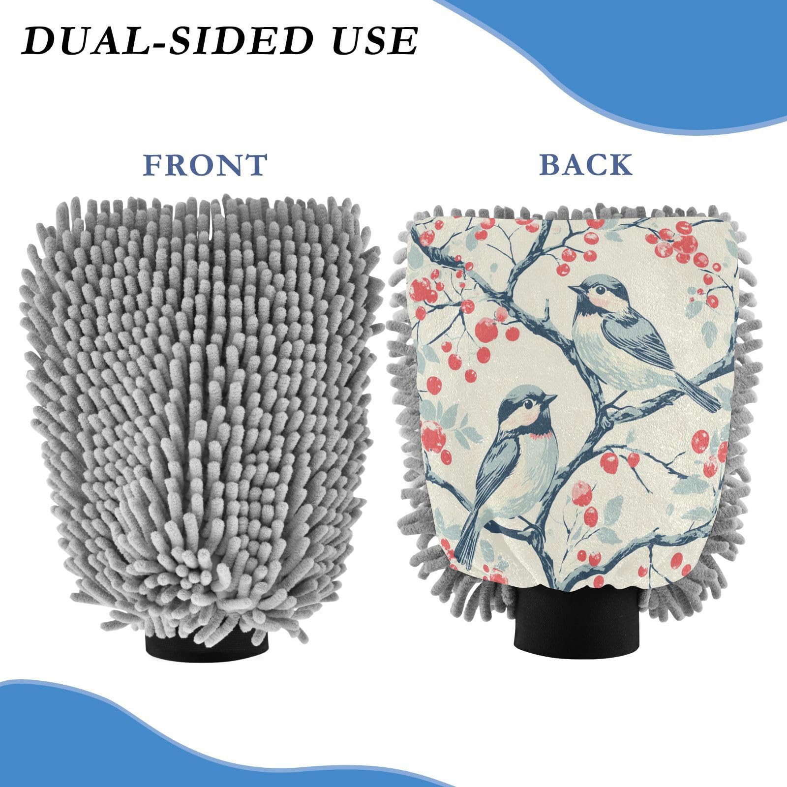 STAYTOP Christmas Berry Tree and Birds Car Wash Mitt Microfiber, 2Pcs Scratch Free Lint-Free, Premium Chenille Microfiber Mitt Car Wash Brush-L