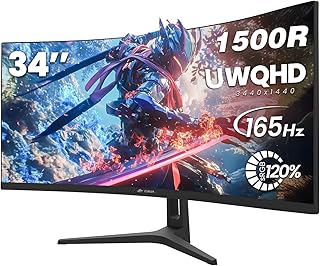 CRUA 34" inch Gaming Monitor UWQHD 3440x1440 165Hz Ultrawide 21:9 Curved 1500R Display Screen 1ms(GTG) 120% sRGB FreeSync Fast Suitable for e-sports games