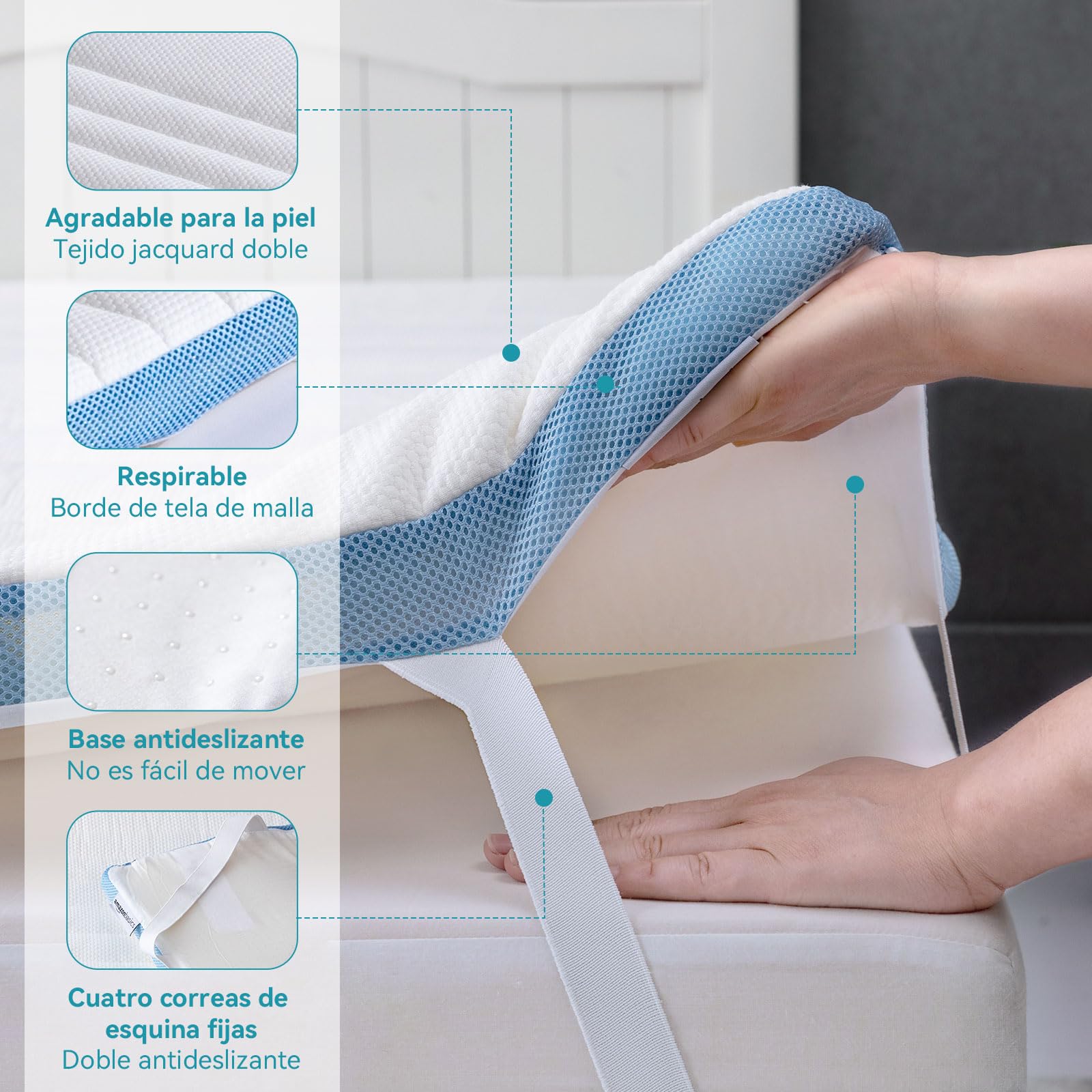 Amazon Basics Colchón de Espuma viscoelástica Topper con memoria con Funda removible y lavable, 135 x 190 cm, 5 cm, Blanco
