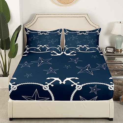 Miniatura 2 de Anchor Sheets California King - Sábanas náuticas color azul marino, microfibra suave, bolsillo profundo, sábanas y fundas de almohada estampadas sin