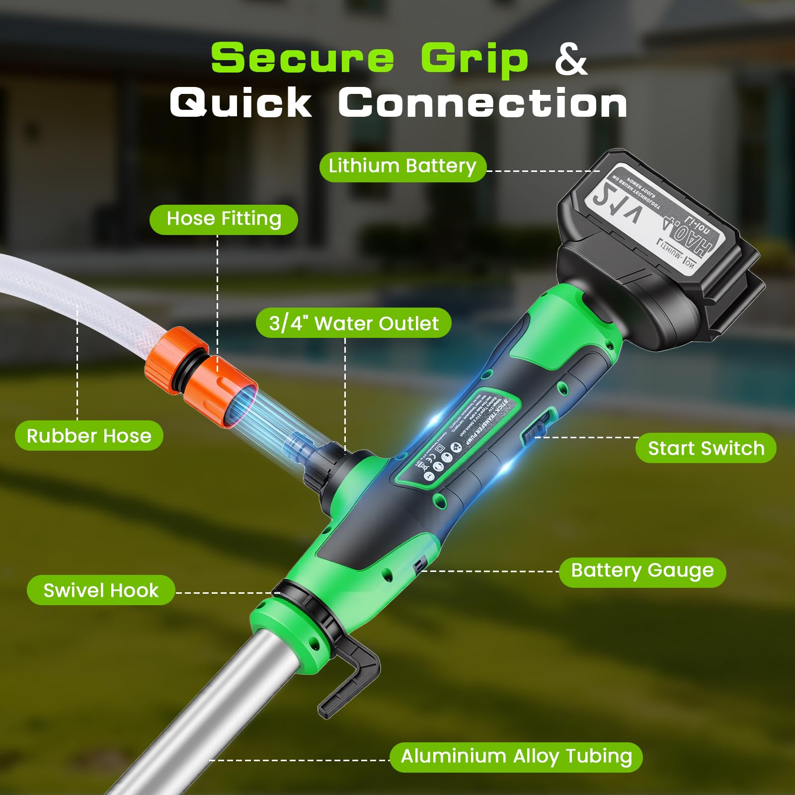 Akku Wasserpumpe, 18V Kabellose Stab-Transferpumpe für Wasser/Diesel, 2725 L/h Transferpumpe mit 4,0 Ah Akku, Stab-Wasserpumpe für Garten, Pool, Keller & Wohnmobil, Einfache Ein-Knopf-Bedienung