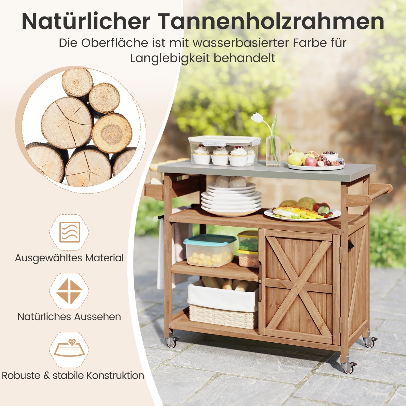 COSTWAY Grillwagen Outdoor, Servierwagen auf Rollen, Kücheninsel mit Edelstahl-Arbeitsplatte, Ablagen, Gewürzregal, Schrank & Handtuchhalter, Grill Trolley BBQ Grilltisch (1 Tür-118 x 47 x 92 cm)