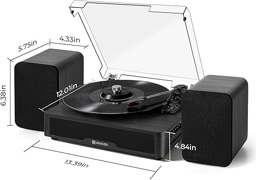 Miniatura 8 de Vangoa Tocadiscos de vinilo con 2 altavoces estéreo, tocadiscos de 3 velocidades accionados por correa para discos de vinilo compatible con entrada