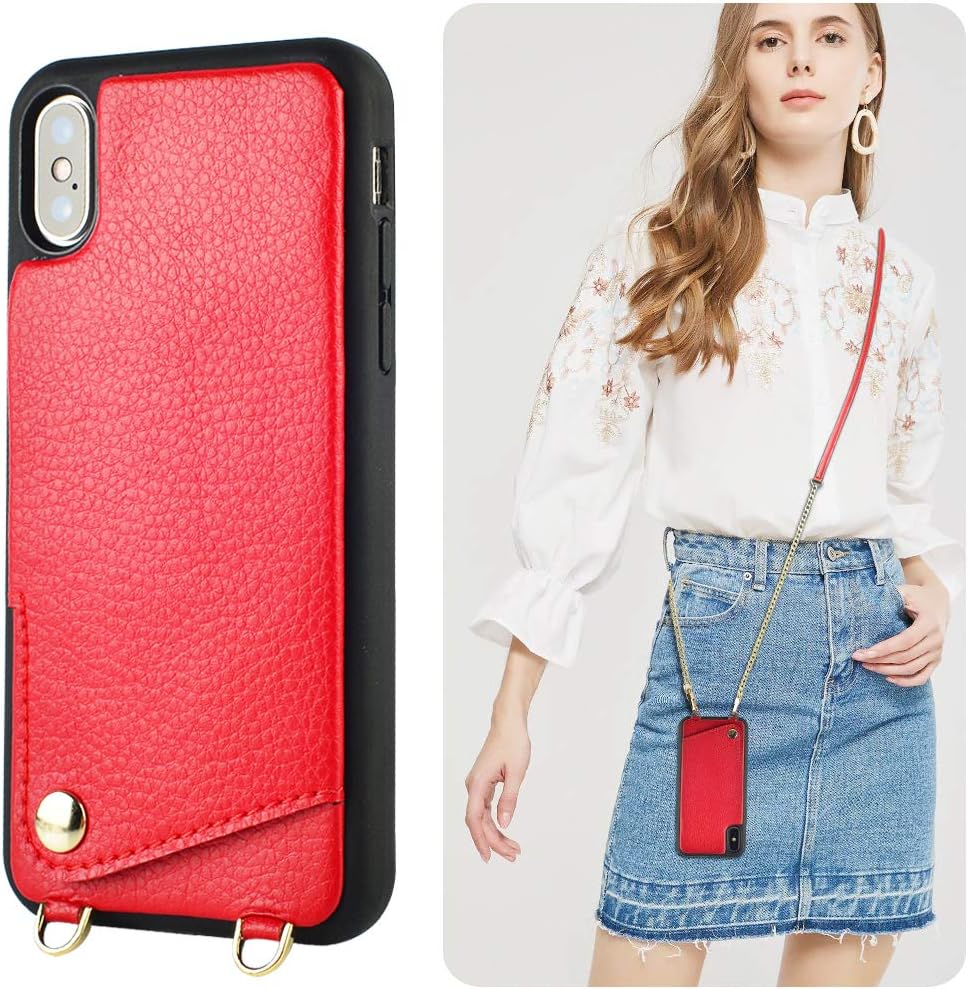 iPhone Xs Wallet Case, iPhone Xs Crossbody Case, JLFCH iPhone X Case with Card Slot Holder Crossbody Chain/Shouder Strap Purse Handbag Case for Apple iPhone X/XS 5.8 inch - Red