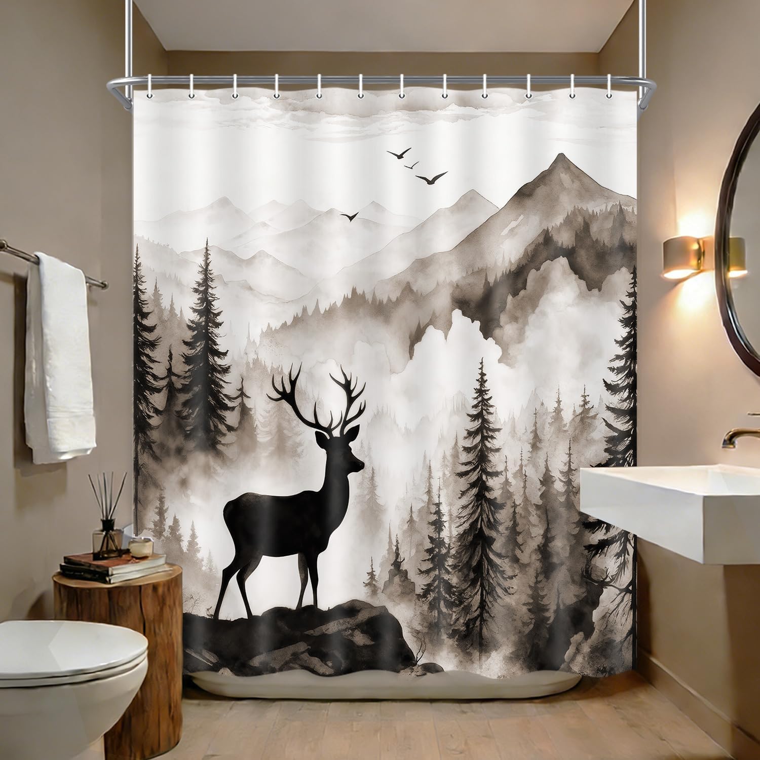Extra Long Brown Misty Forest Deer Shower Curtain, Nature Mountain Landscape Modern Bathroom Decor, XL Animal Shower Curtain Set Rustic Cabin Style with Hooks, 72x84