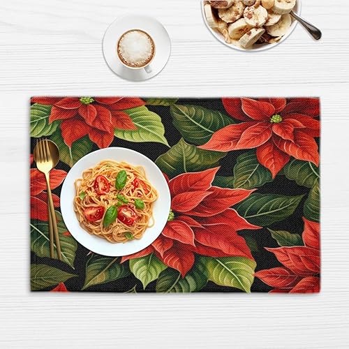 Miniatura 6 de Juego de 4 manteles individuales de Navidad con diseño de flor de pascua, lavables, impermeables, para decoración de mesa de comedor, 18 x 12