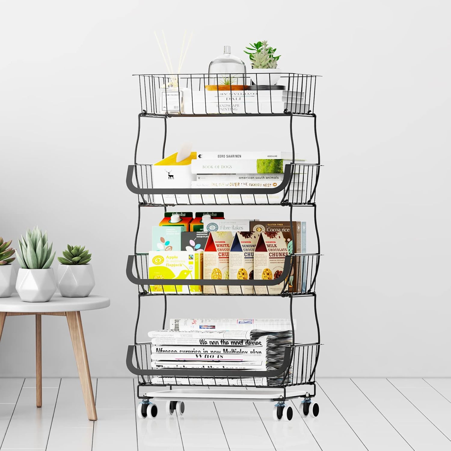 Veckle Potato Storage Basket, 4 Tier Potato and Onion Storage Cart with Wheels, Stackable Wire Fruit and Vegetable Storage Basket Organizer for Kitchen Bathroom Pantry, Black