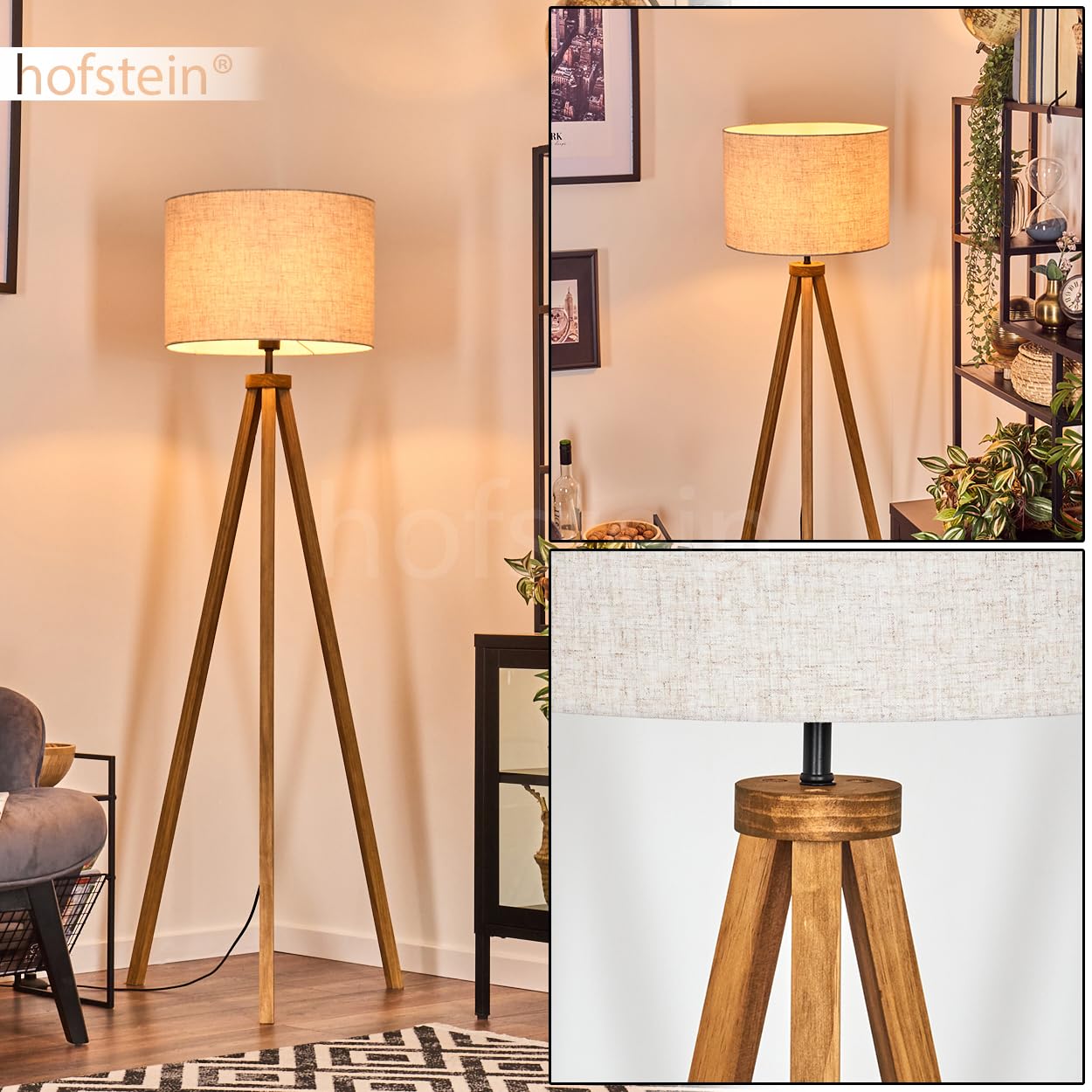 Stehleuchte Bassagoda, Stehlampe aus Holz/Stoff in Naturfarben/Beige, Leuchte im skandinavischen Design mit rundem Schirm (Ø 40 cm) u. Fußschalter, Höhe 154 cm, 1 x E27, ohne Leuchtmittel