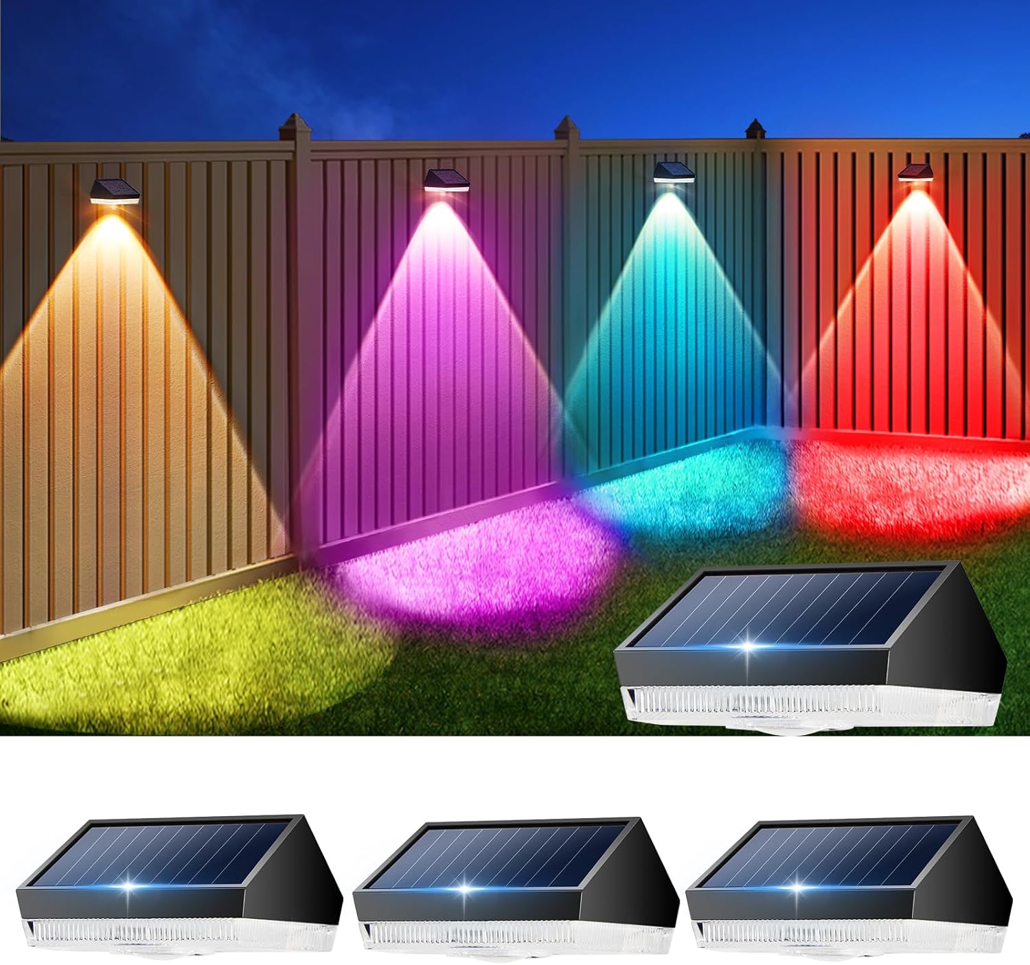LUHLEE Solar Fence Lights 4 Pack,3000/4000/6000K Fence Lights Solar Powered with RGB 6 Colors, IP65 Solar Deck Lights Outdoor Waterproof, Fence Solar Lights for Outside, Wall, Patio,Backyard and Rail