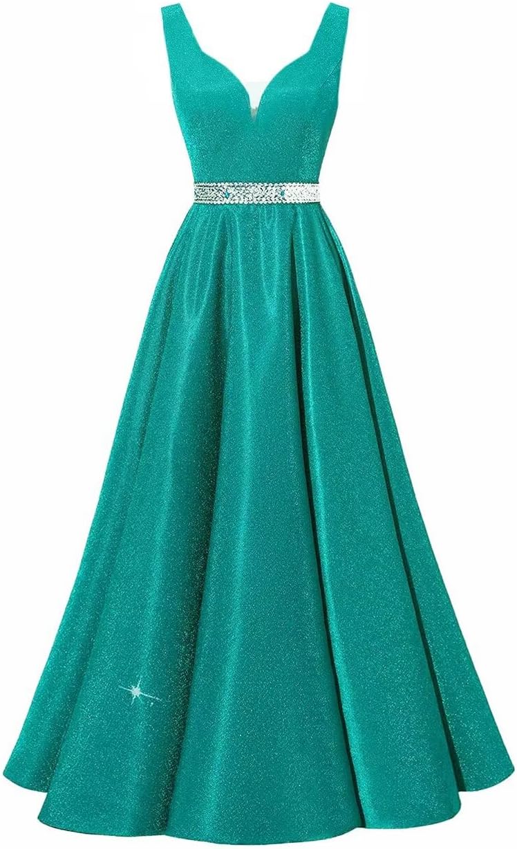 Yexinbridal Glitter Satin Prom Dresses Long 2026 V-Neck Spaghetti Beaded Belt Formal Evening Ball Gowns