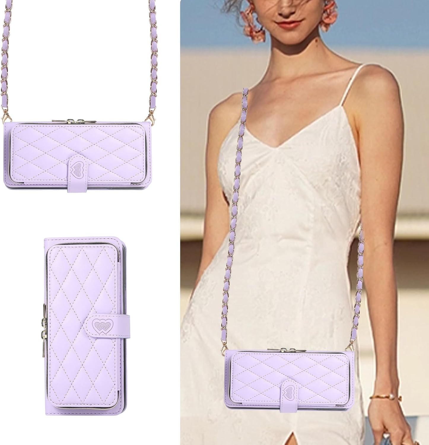 for Samsung Galaxy Z Fold 5 Zipper Wallet Case with Card Holder, 9 Card Slots Large Capacity and Multiple Style Lanyards.(Purple)