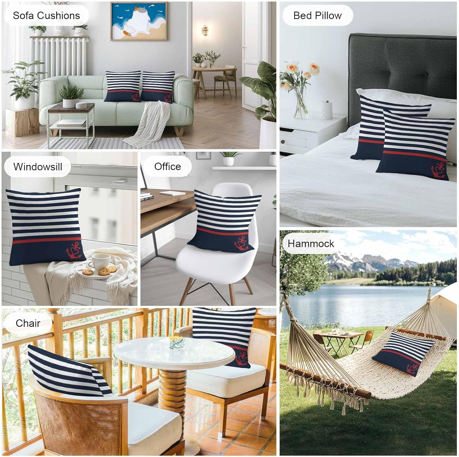 Pack of 2 Waterproof Outdoor Pillow Covers 20x20 Inch Decorative Pillow Covers Anchor Navy Blue Throw Pillowcases Red Nautical White Geometric Stripes Outdoor Cushion Cover for Couch, Patio, Tent