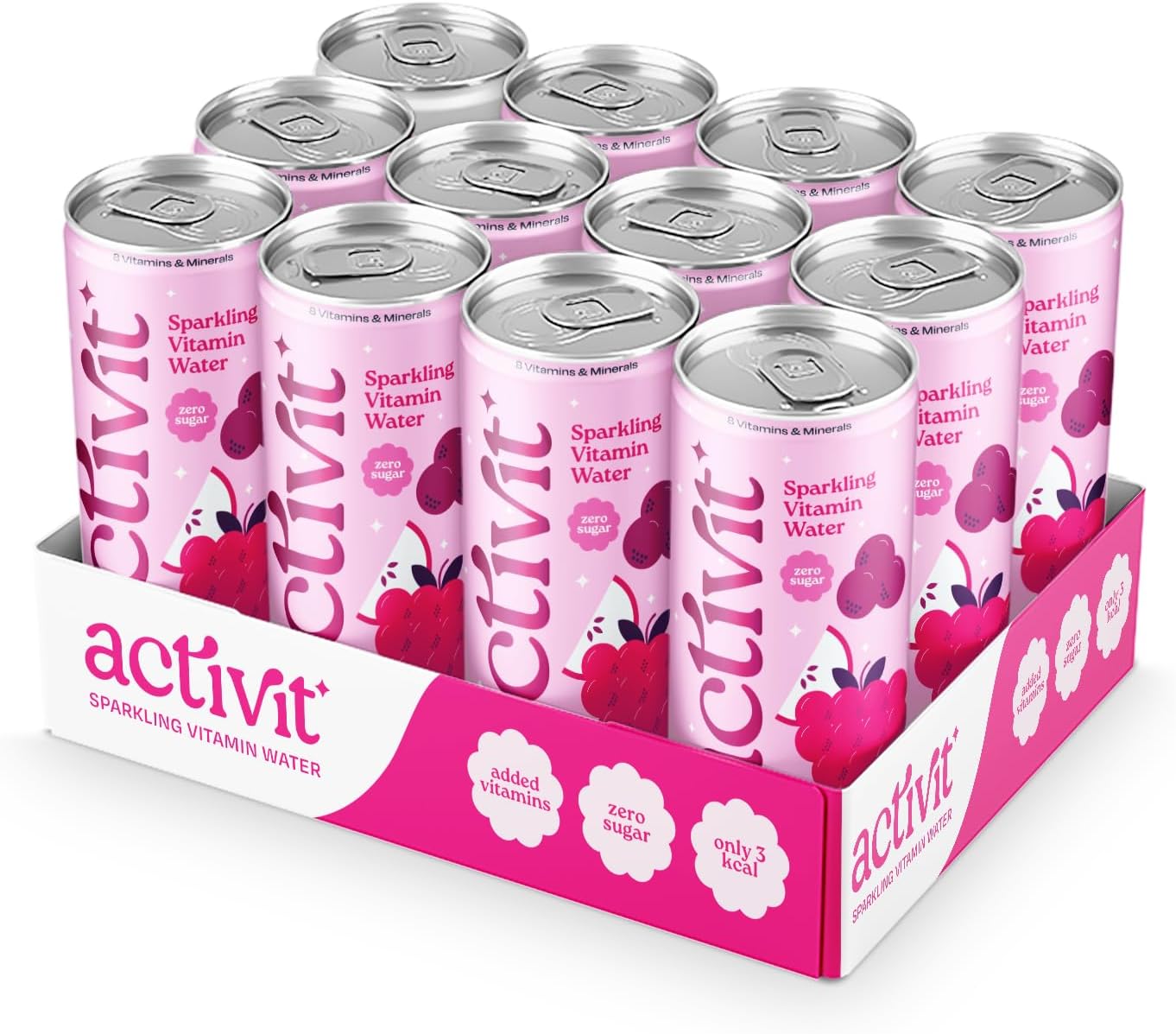 Activit Sparkling Flavoured Vitamin Water Blackcurrant, Apple & Raspberry & with B Vitamins B5, B6, B9, B12, Vitamin C, Vitamin D, Zinc & Magnesium Zero Sugar 12x 330ml Cans