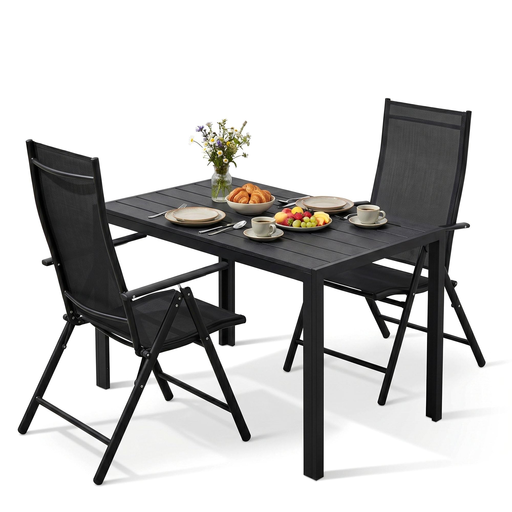 LIFERUN 3-teilig Gartenmöbel Set, Balkonmöbel & Sitzgruppe Outdoor, Schwarz | mit 2 Verstellbare Hochlehner Klappstühle und 110x70cm WPC Wetterfest Rechteckiger Terrassentisch
