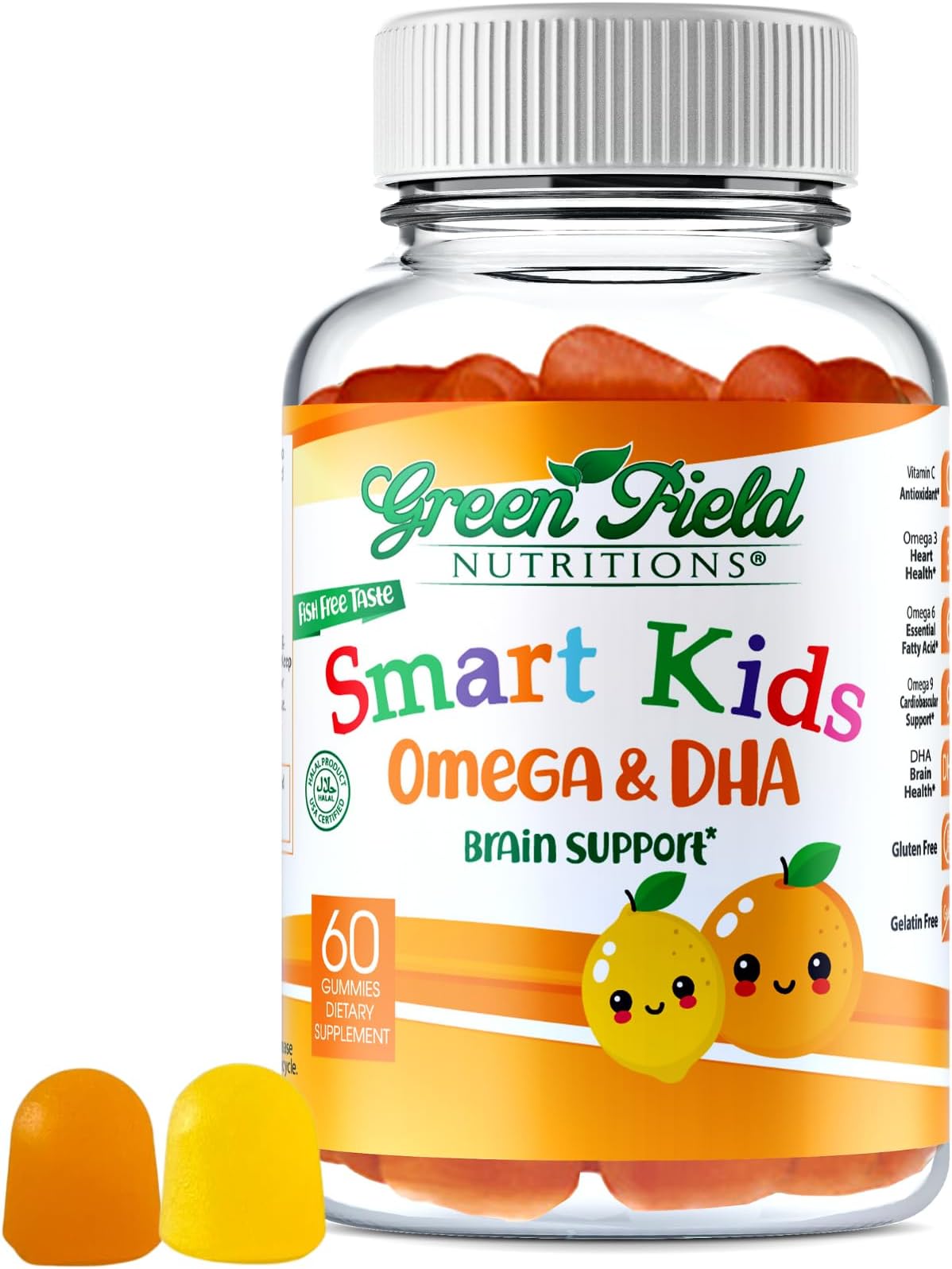 Greenfield Nutritions Smart Kids Halal Omega 3 Gummies with DHA - 60 Halal Vitamins for Kids, Supports Brain & Immune Health - Vegan, Non-GMO, Gluten, Gelatin-Free and Peanut-Free Halal Gummy Vitamins