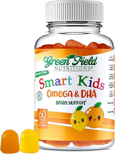 Greenfield Nutritions Smart Kids Halal Omega 3 gomitas con DHA  60 vitaminas halal para niños, apoya la salud cerebral e inmune  Veganas, sin OMG,