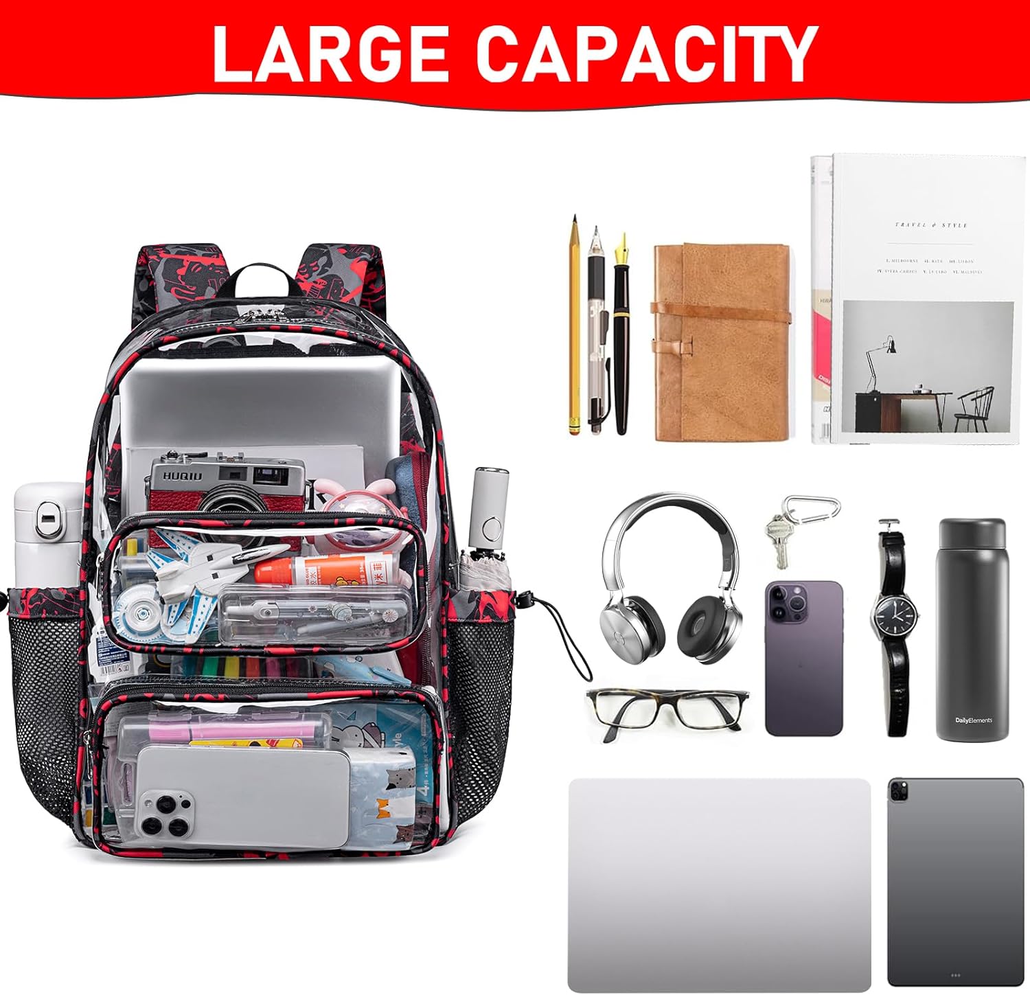 CAMTOP Clear Backpack Heavy Duty Transparent Bag See Through BookBag for Student School Work Festival Sport Travel (Graffiti Red) - Image 7
