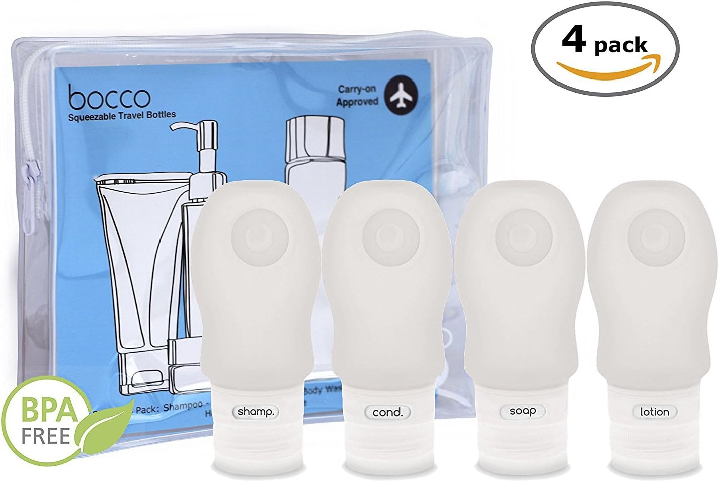 Bocco Leak Proof Squeezable Travel Bottles, TSA Approved Travel Accessories for Carry On Luggage - Perfect for Liquid Toiletries - 4 Pack (All Medium 2 oz Bottles) (Clear)