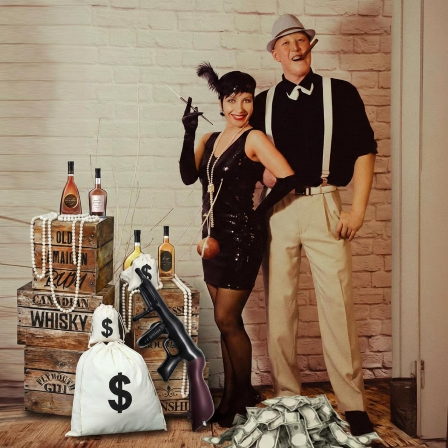 27 Pcs Roaring 20s Party Decorations 1920s Photo Backdrop Speakeasy Decor Including 5 Wood Grain Boxes 4 Whiskey Bottle Cardboard and 4 Dollar Sacks 2 Prop Guns 12 Pearl Necklace(Dark Color)