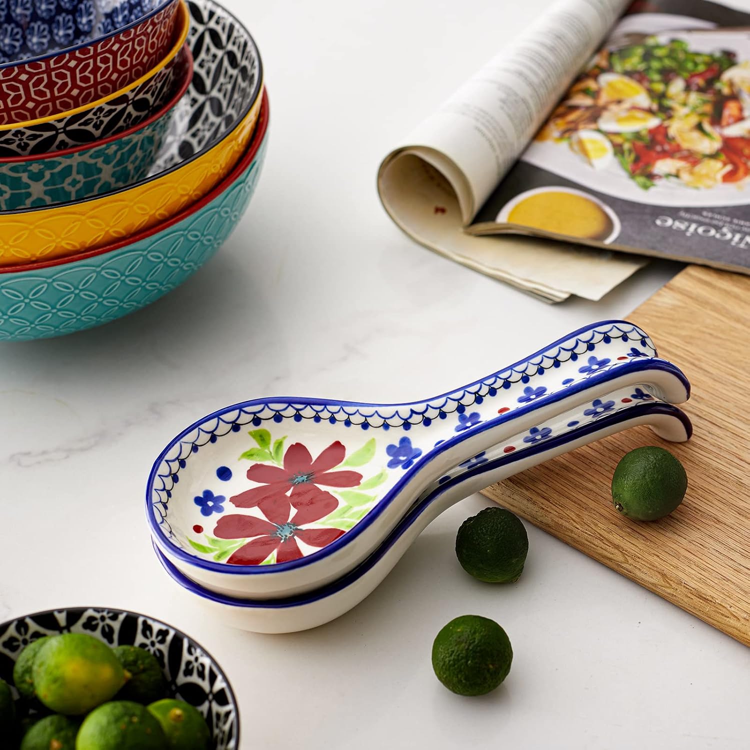 DOWAN Spoon Rest 2 Sets for Kitchen Counter, Spoon Holder for Stove Top, Modern Farmhouse Kitchen Decor and Accessories, Ceramic Colorful & Classical Porcelain Ladles Spoon Rest for Kitchen Utensils