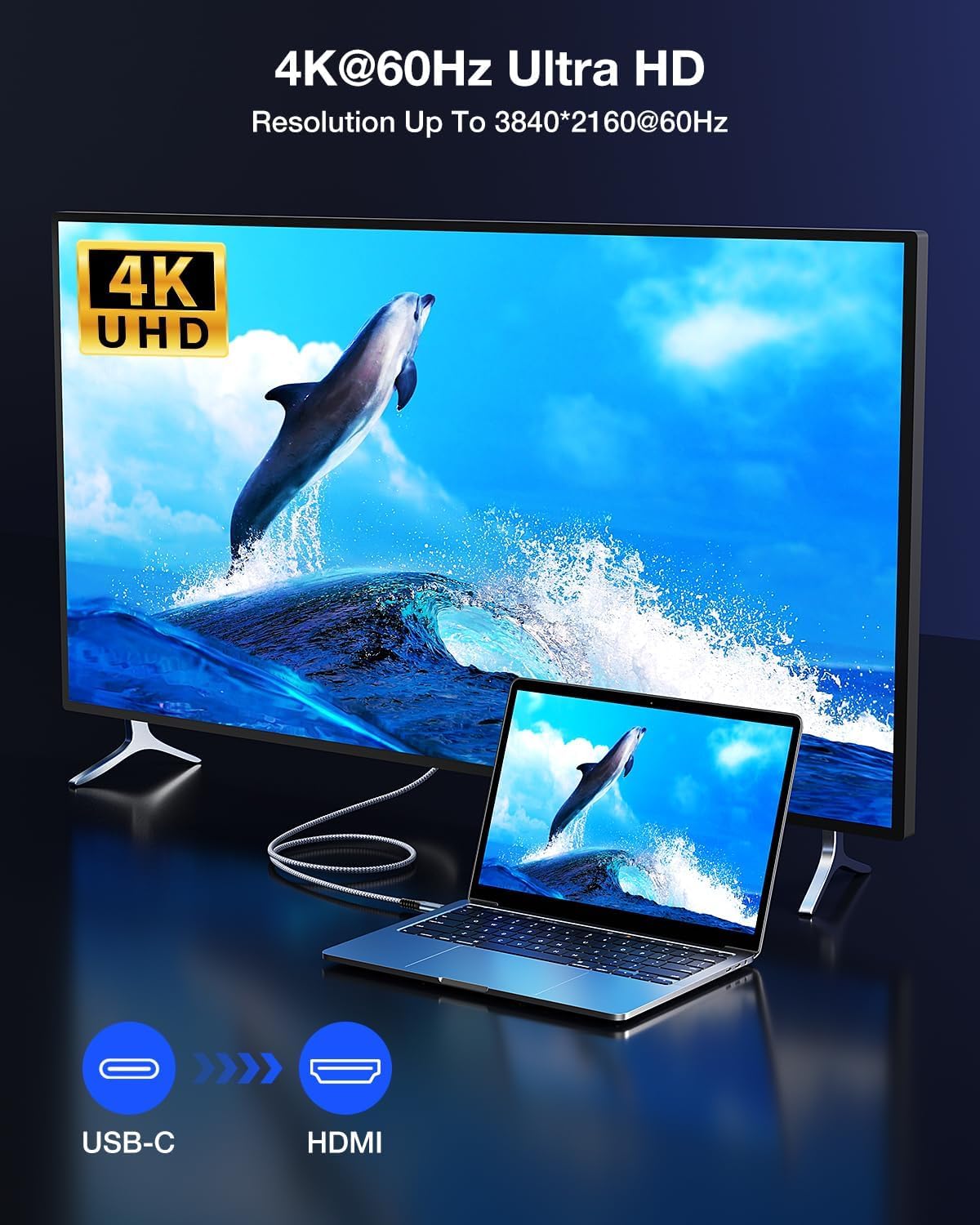 ANDTOBO Kabel USB C na HDMI 4K, 2 m kabel USB typu C HDMI [pozłacane wtyczki], kompatybilny z Thunderbolt 4/3, iPhone 15/16 Pro Max, MacBook Pro/Air, iPad Pro/Air, iMac, Galaxy S23, S22/S21