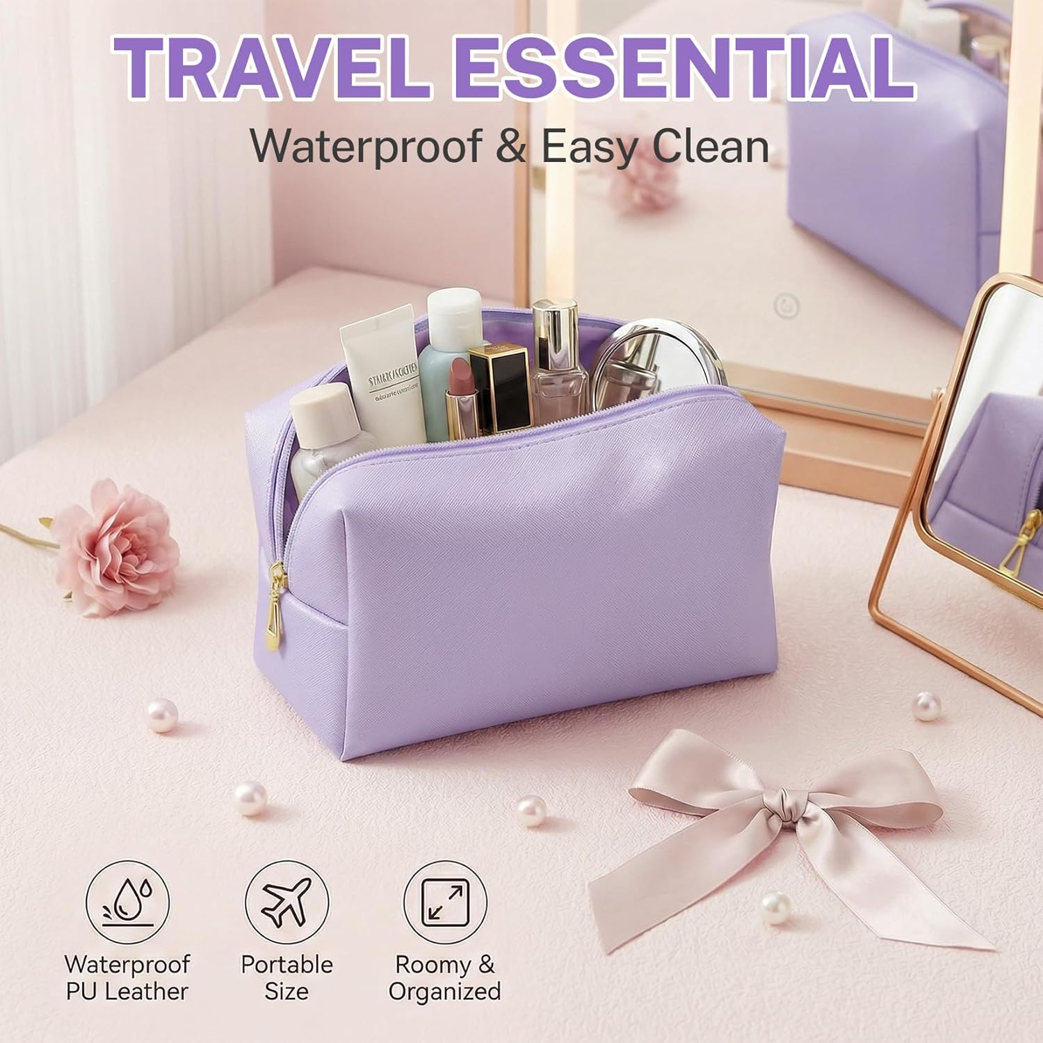 15 Pcs Pink Makeup Bag Bulk PU Cosmetic Pouches Preppy Waterproof Travel Toiletry Bags Aesthetic Storage Organizer Bags Party/Birthday Gift Favors for Teen Girls Women(Pink-Purple Series)