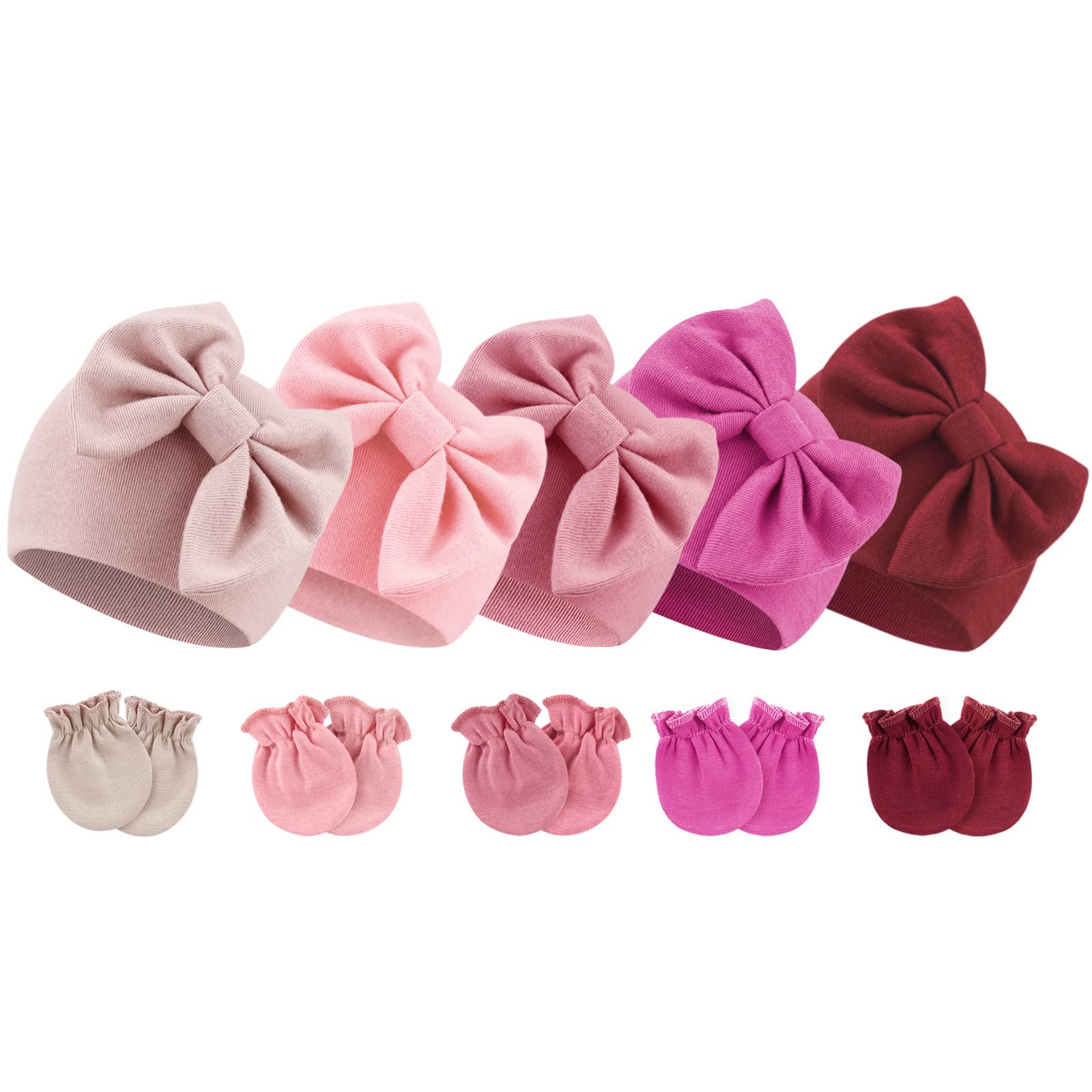 DRESHOW Newborn Baby Girls Hats Mittens Set Hospital Hat Beanie Infant Hats Baby Cotton Gloves No Scratch Mittens 0-6 Months