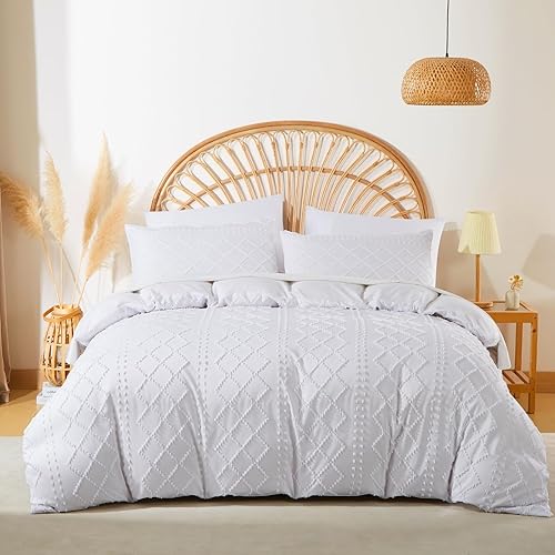 Michorinee Housse de Couette 200x200 Blanc Tuftée Géométrique Broderie Parure de