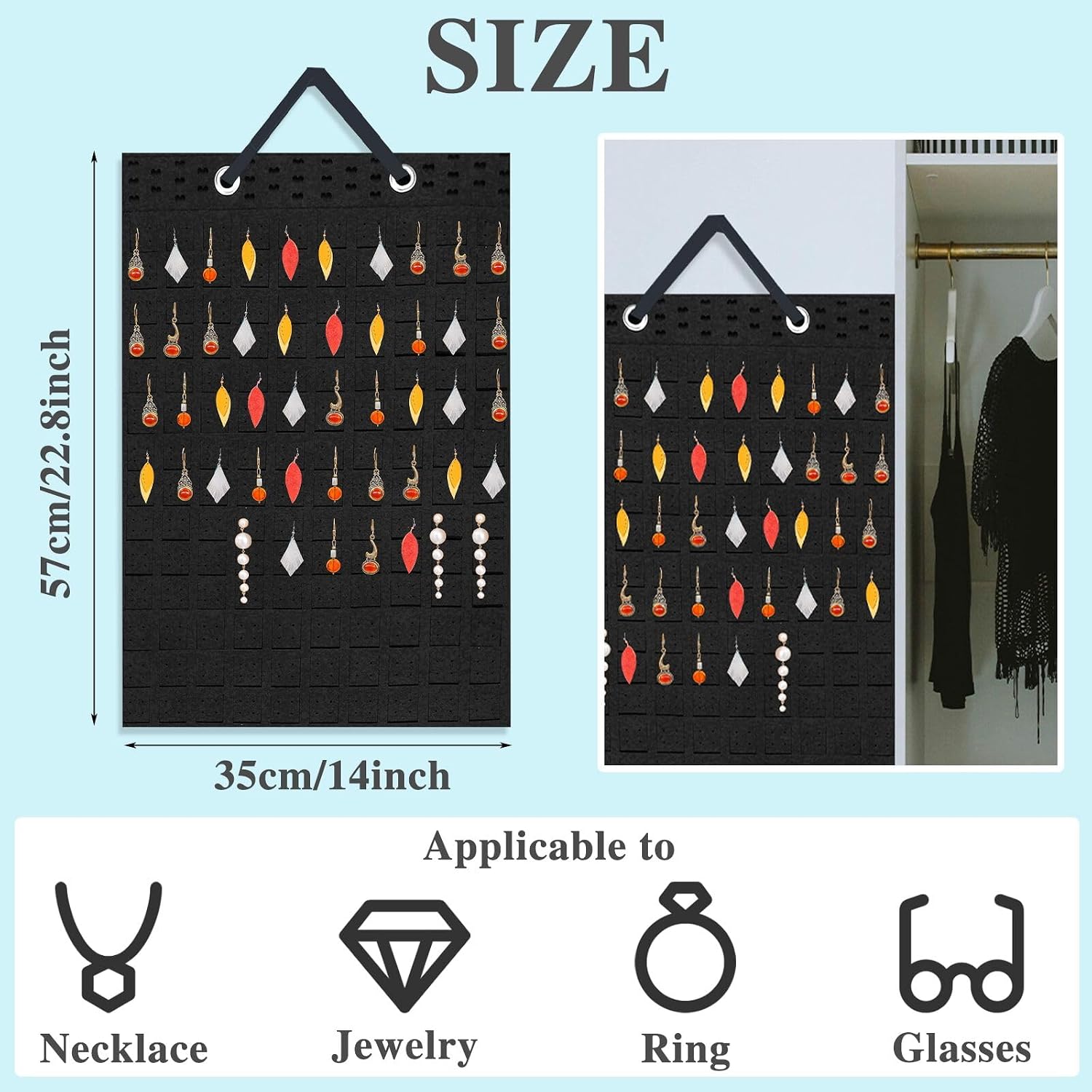 2 Pack Hanging Earring Organizer, Black Felt Jewelry Holder Display Case for Studs, Hoops, Necklaces, Bracelets (Black) image 2