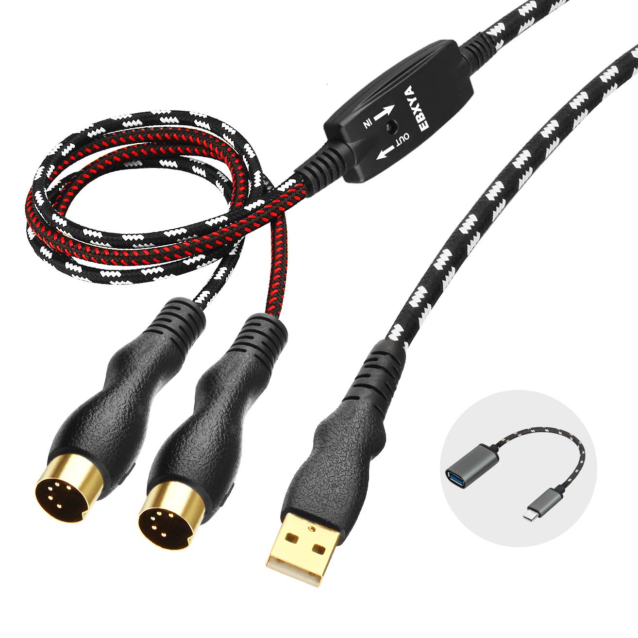 EBXYA USB-MIDI-Kabel 2M - 5-polige MIDI-Schnittstelle, Professioneller In-Out-Konverter für Keyboard auf PC/Mac, Musikbearbeitung und Aufnahmespur
