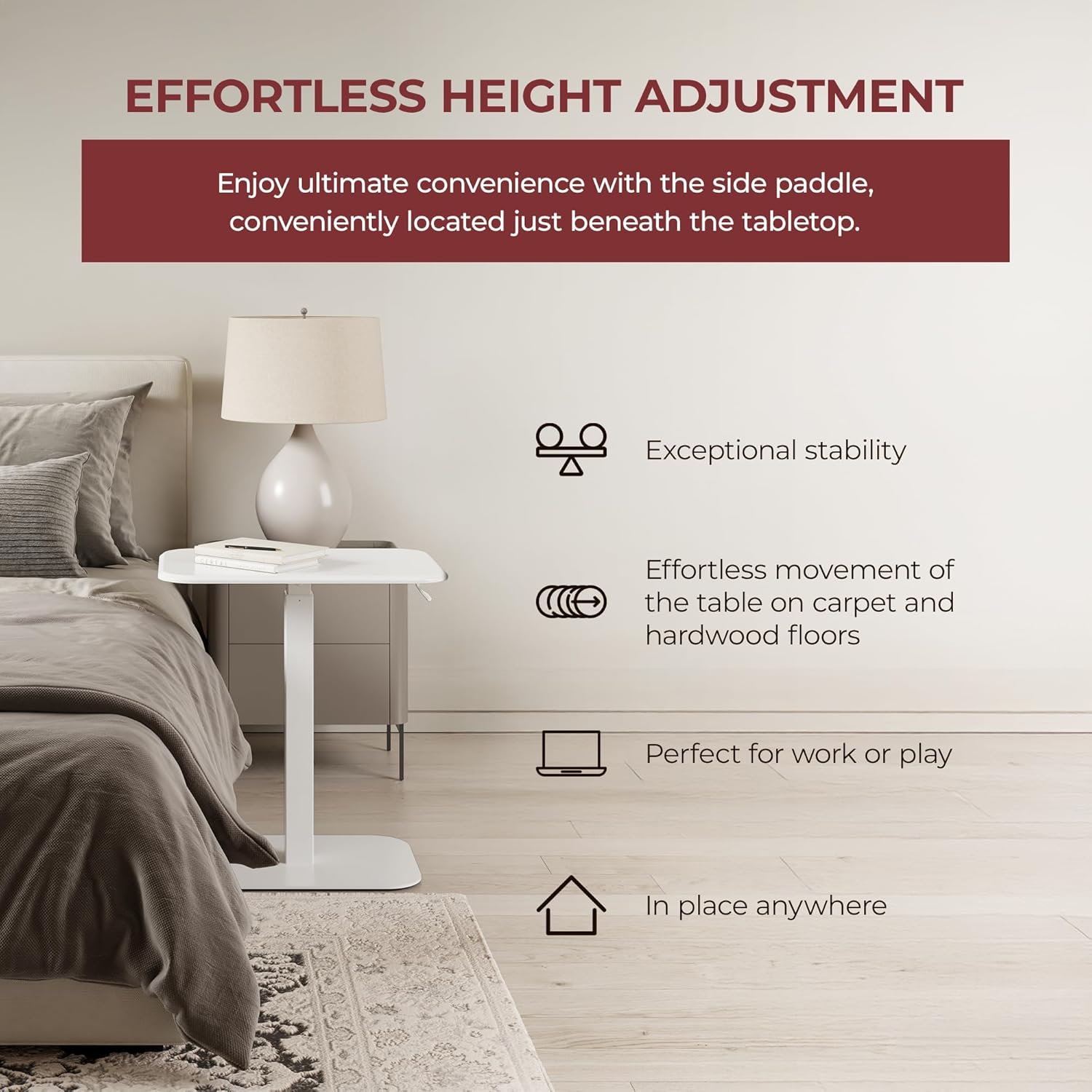 Ergohome™ ELEVANCE Table™ Height Adjustable Minimalist Tables, Laptop Desk, Living Room, Small Side Table, Drink Coffee End Table, Sofa Table for Bedroom, Study and Small Spaces (Table_WhiteCloud)