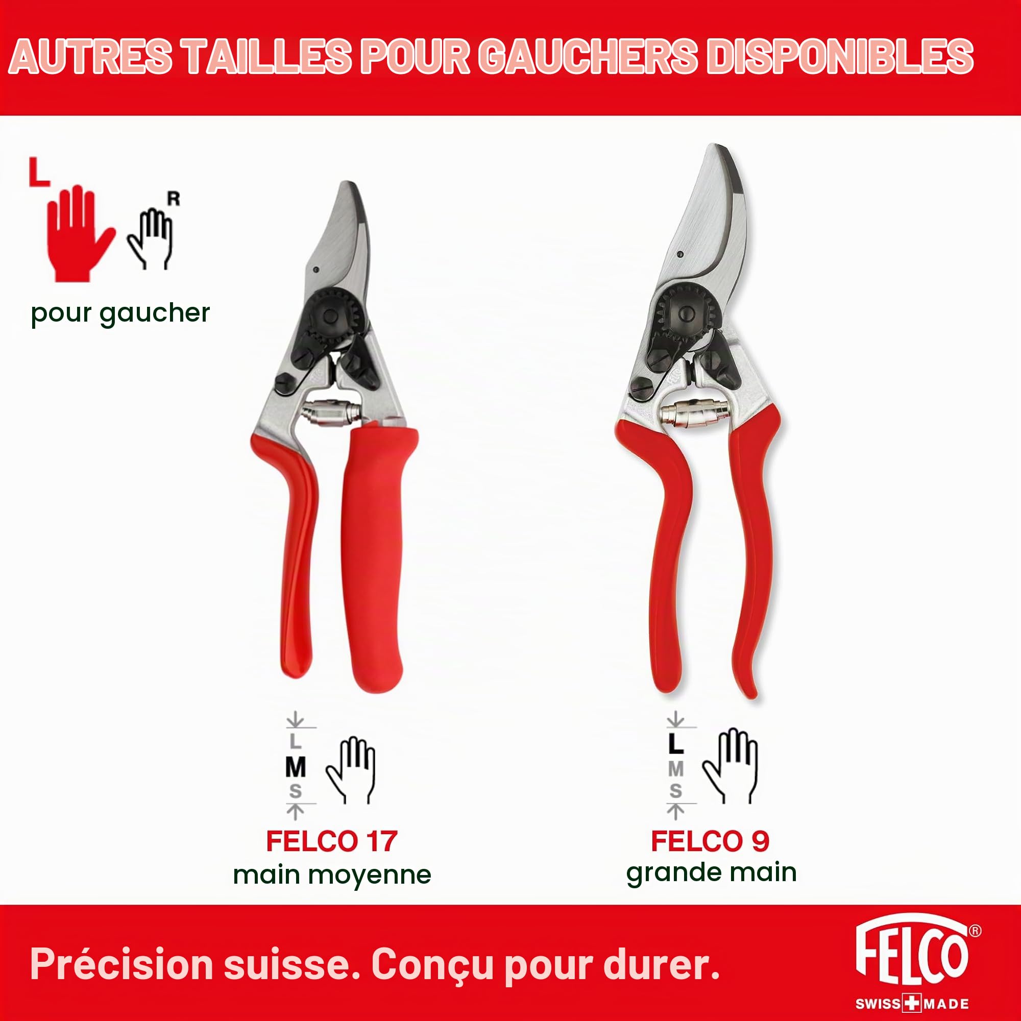 FELCO 16 sécateur gaucher main moyenne pour le jardin, coupe 20 mm