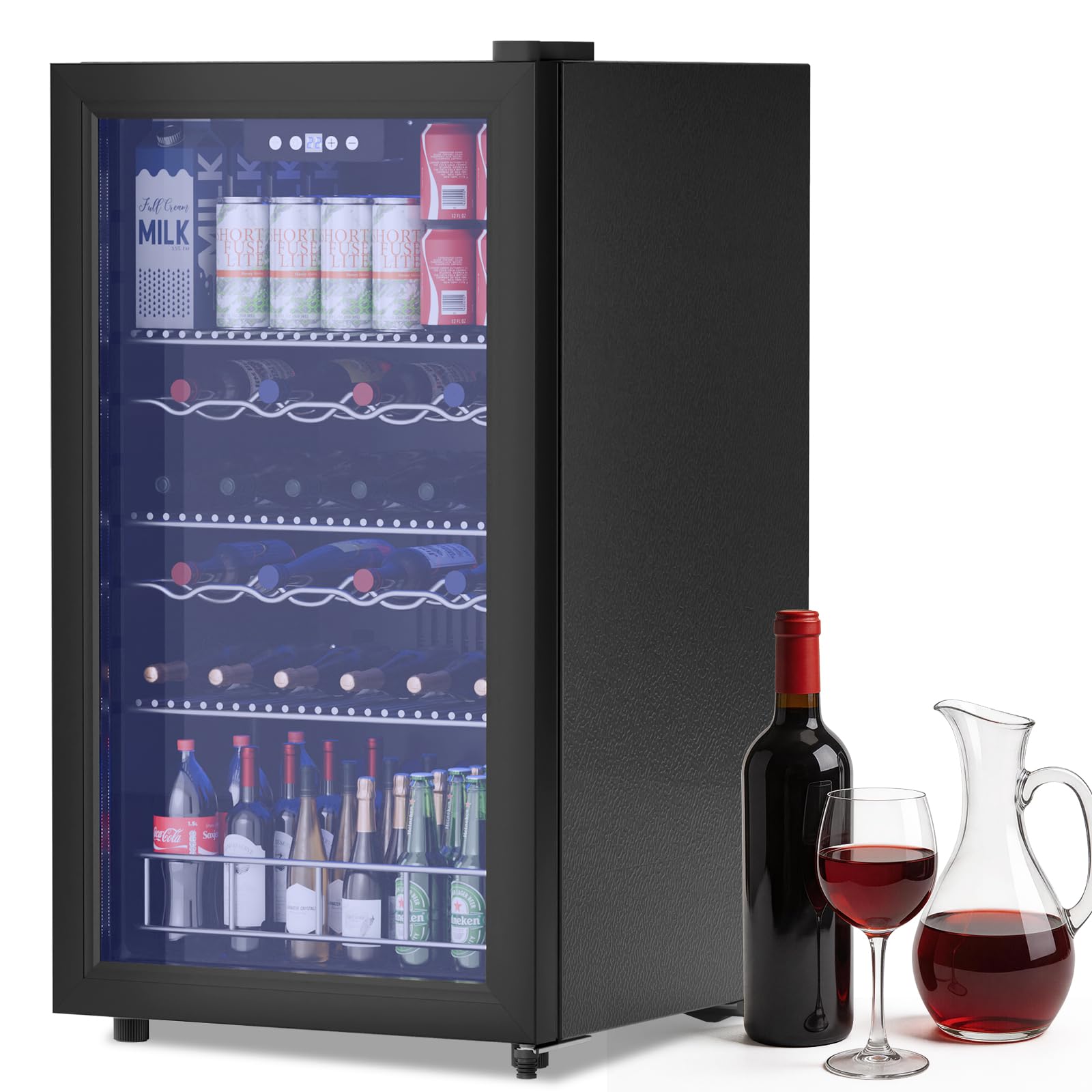 Getränkekühlschrank 65L – Mini Kühlschrank mit Glastür für 92 Dosen, freistehend, 43 dB leise, LED, Bierkühler für Büro, Zimmer & Bar, Schwarz