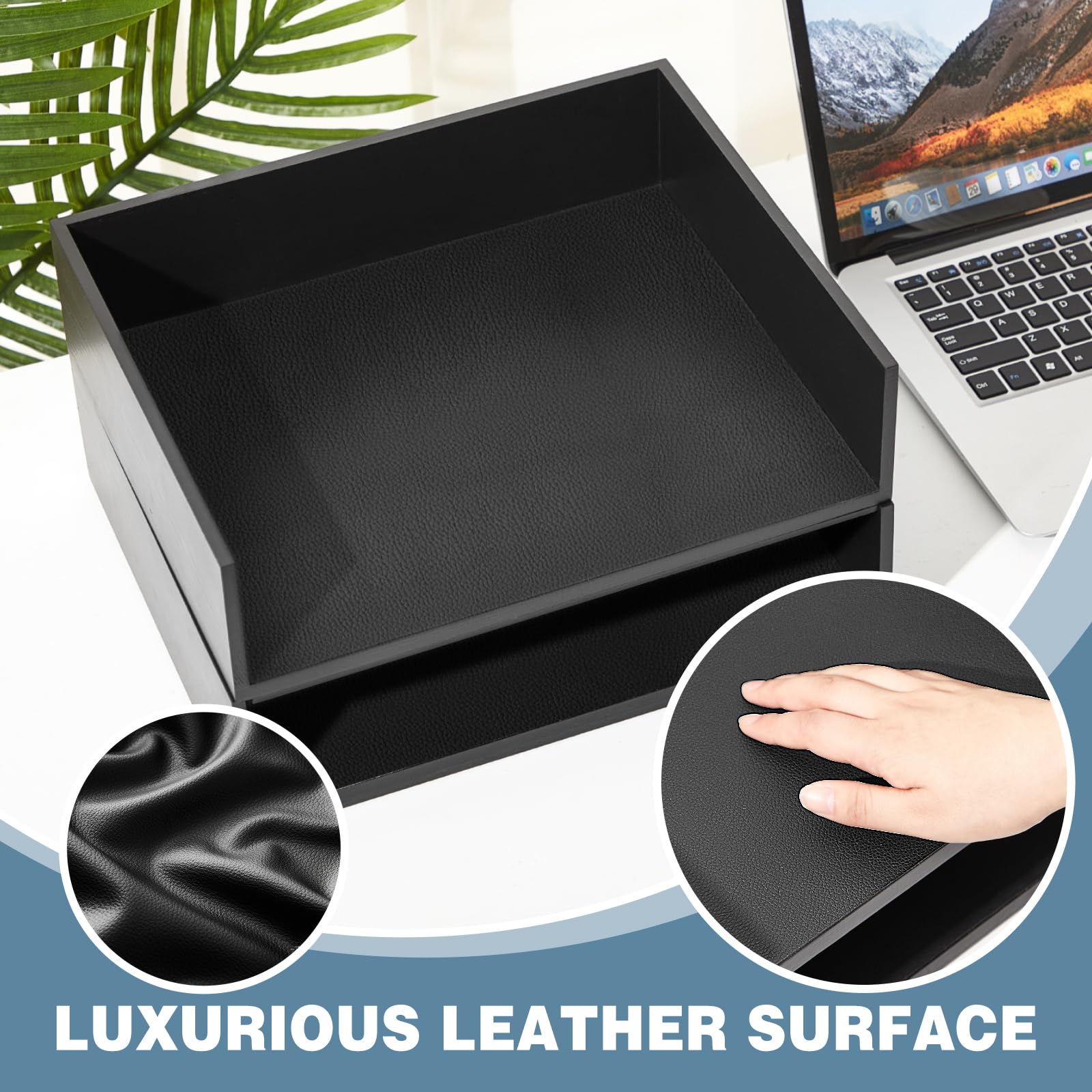 Yeaqee 2 bandejas apilables de madera para cartas de 13 x 10.6 pulgadas, bandeja de escritorio de lujo con superficie de cuero, bandeja de entrada de papel negro pesado, organizador de correo para